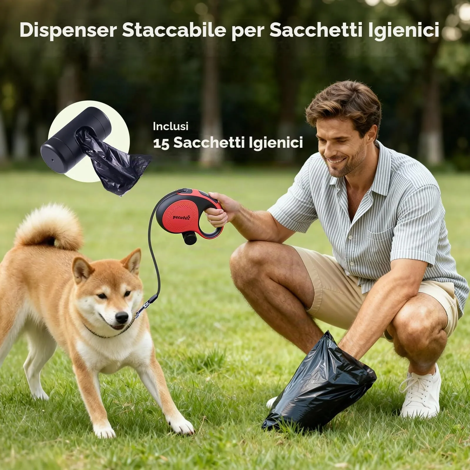 Pecute Guinzaglio per Cani Allungabile 8m (fino a 50kg), 360° Anti-Tangle, Freno Rapido e Impugnatura Antiscivolo, con Sacchetti Igienici e Porta Sacchetti,Rosso - immagine 6