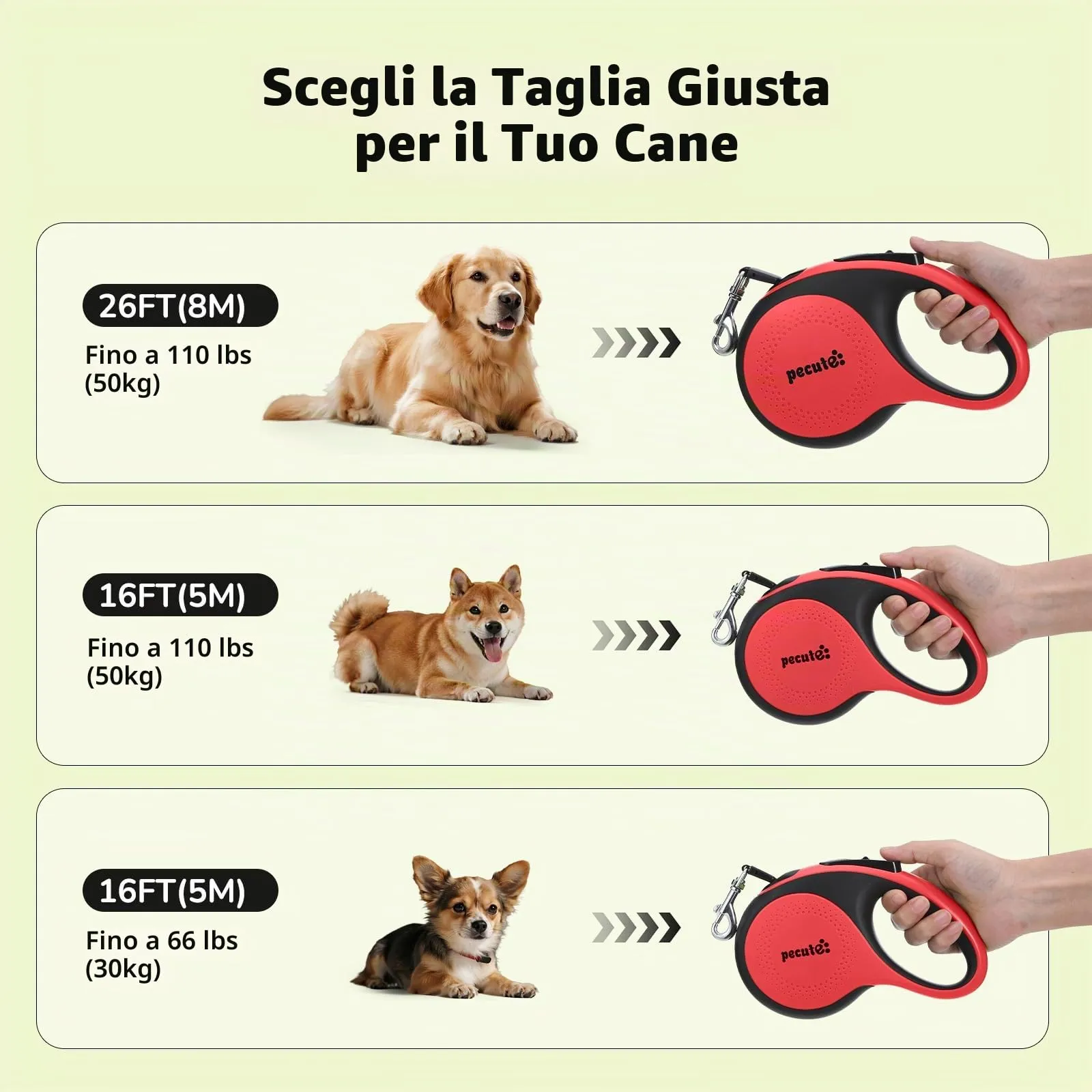 Pecute Guinzaglio per Cani Allungabile 8m (fino a 50kg), 360° Anti-Tangle, Freno Rapido e Impugnatura Antiscivolo, con Sacchetti Igienici e Porta Sacchetti,Rosso - immagine 7