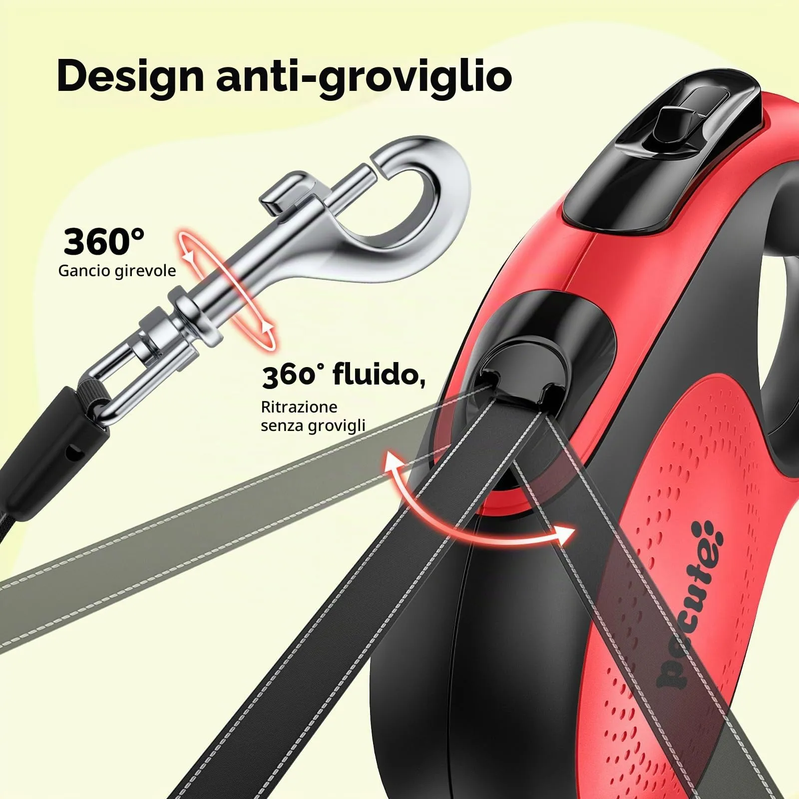 Pecute Guinzaglio per Cani Allungabile 8m (fino a 50kg), 360° Anti-Tangle, Freno Rapido e Impugnatura Antiscivolo, con Sacchetti Igienici e Porta Sacchetti,Rosso - immagine 8
