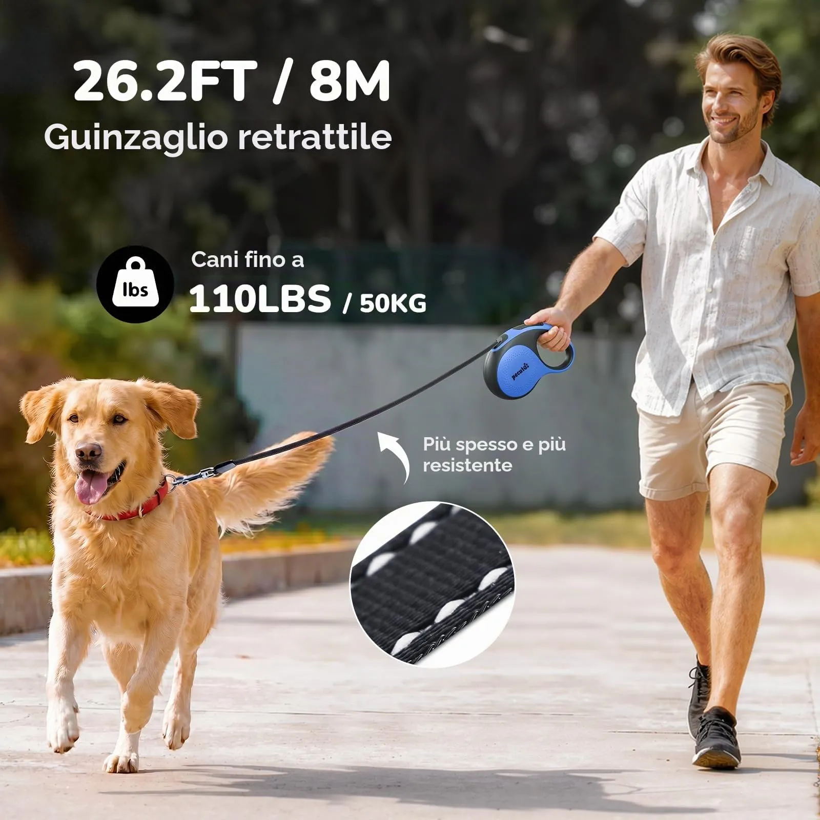 Pecute Guinzaglio per Cani Allungabile 8m (fino a 50kg), 360° Anti-Tangle, Freno Rapido e Impugnatura Antiscivolo, con Sacchetti Igienici e Porta Sacchetti,Blu - immagine 2