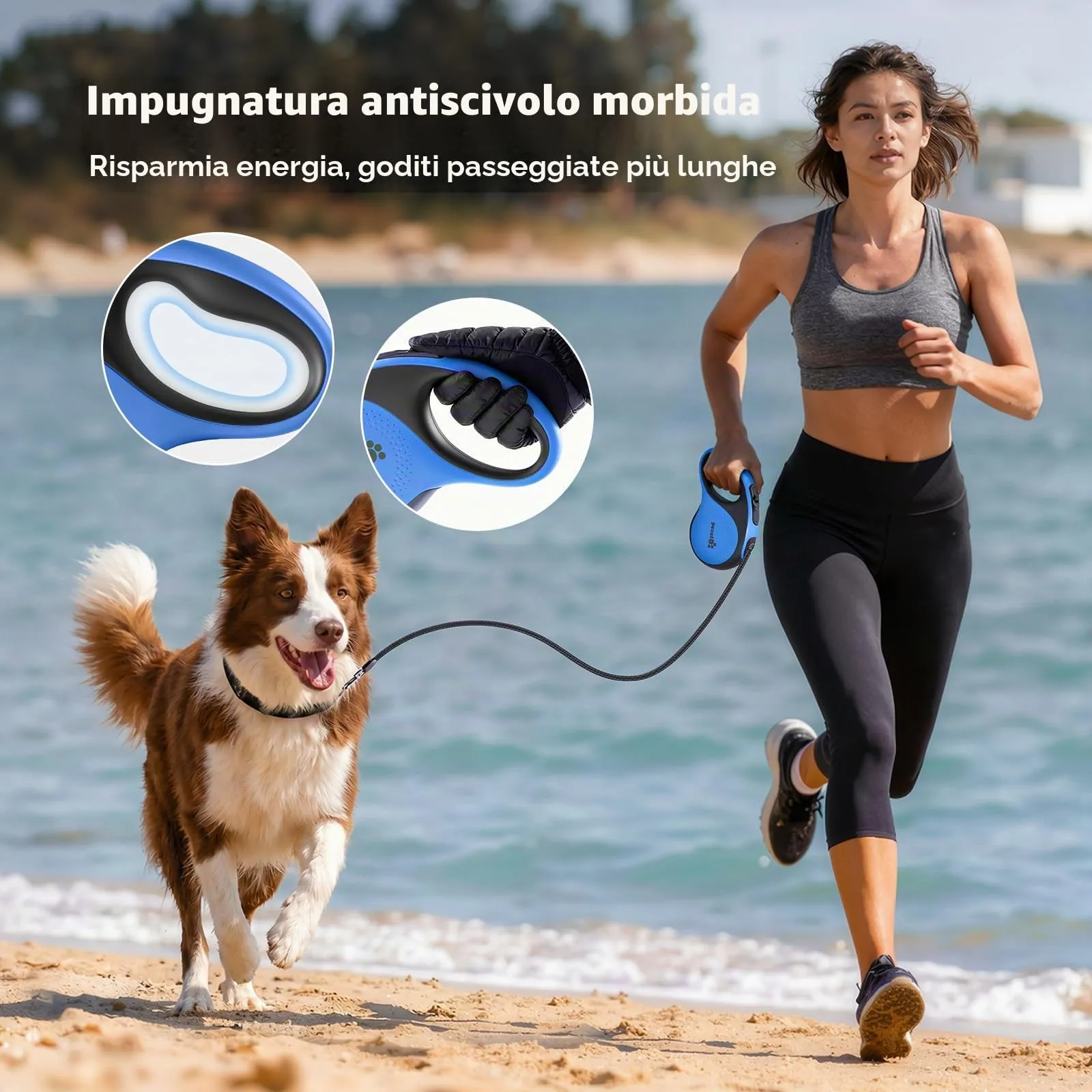 Pecute Guinzaglio per Cani Allungabile 8m (fino a 50kg), 360° Anti-Tangle, Freno Rapido e Impugnatura Antiscivolo, con Sacchetti Igienici e Porta Sacchetti,Blu - immagine 3