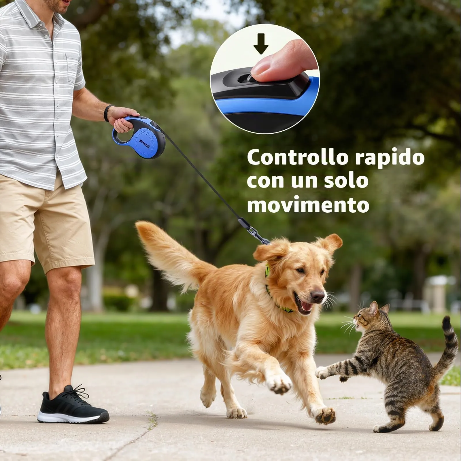Pecute Guinzaglio per Cani Allungabile 8m (fino a 50kg), 360° Anti-Tangle, Freno Rapido e Impugnatura Antiscivolo, con Sacchetti Igienici e Porta Sacchetti,Blu - immagine 4