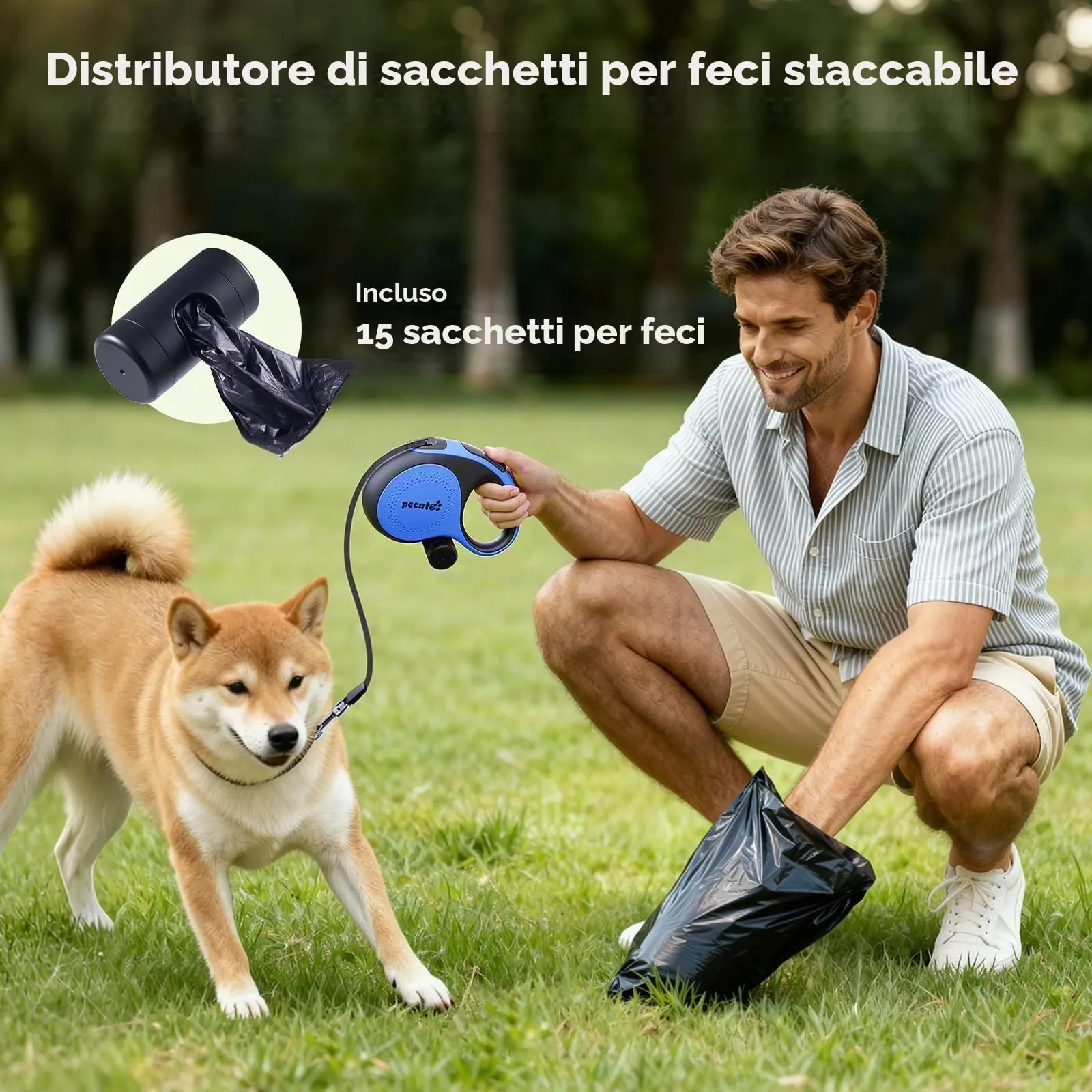 Pecute Guinzaglio per Cani Allungabile 8m (fino a 50kg), 360° Anti-Tangle, Freno Rapido e Impugnatura Antiscivolo, con Sacchetti Igienici e Porta Sacchetti,Blu - immagine 6