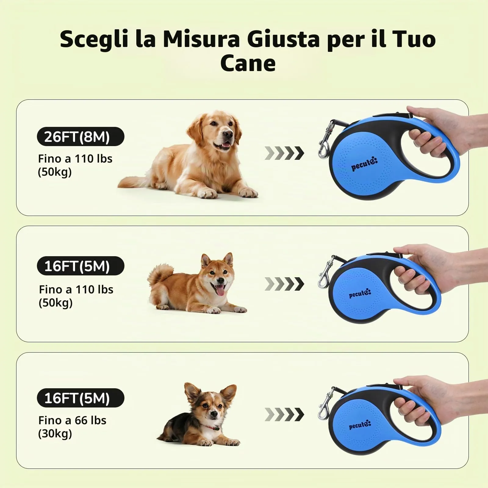 Pecute Guinzaglio per Cani Allungabile 8m (fino a 50kg), 360° Anti-Tangle, Freno Rapido e Impugnatura Antiscivolo, con Sacchetti Igienici e Porta Sacchetti,Blu - immagine 7