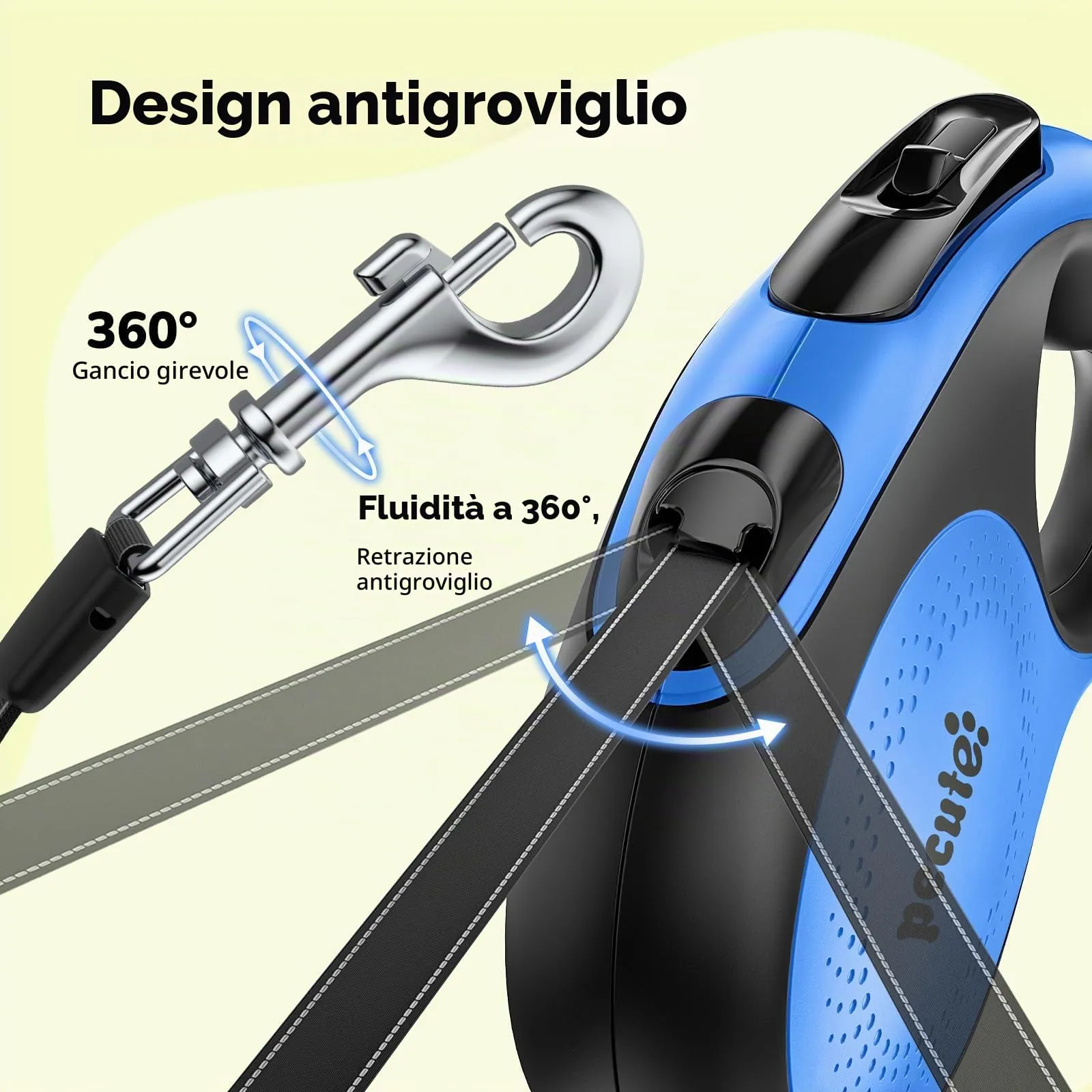 Pecute Guinzaglio per Cani Allungabile 8m (fino a 50kg), 360° Anti-Tangle, Freno Rapido e Impugnatura Antiscivolo, con Sacchetti Igienici e Porta Sacchetti,Blu - immagine 8