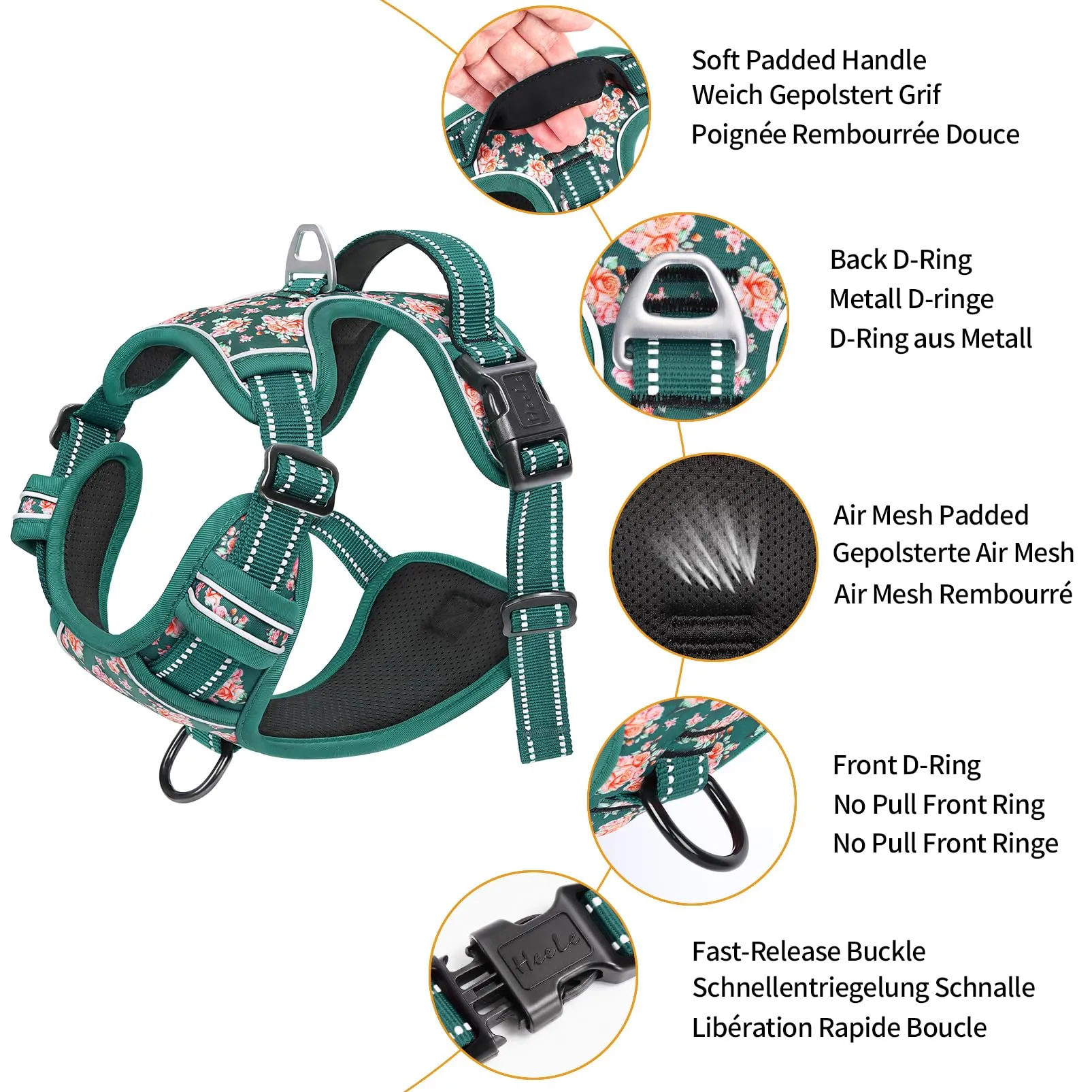 HEELE Pettorina Cane Riflettente No-pull Regolabile, Fiori-Verde Erba, L - immagine 4