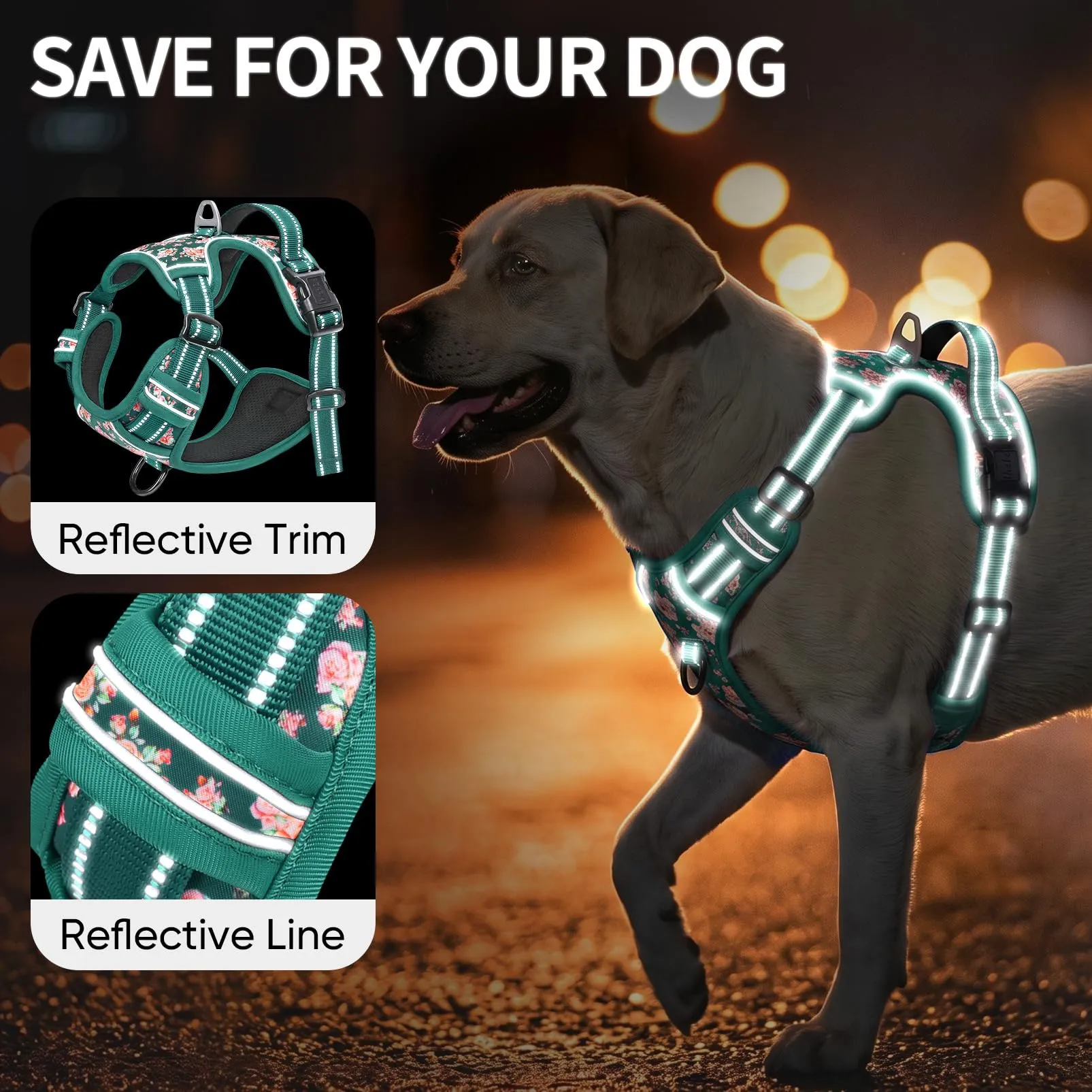 HEELE Pettorina Cane Riflettente No-pull Regolabile, Fiori-Verde Erba, L - immagine 7