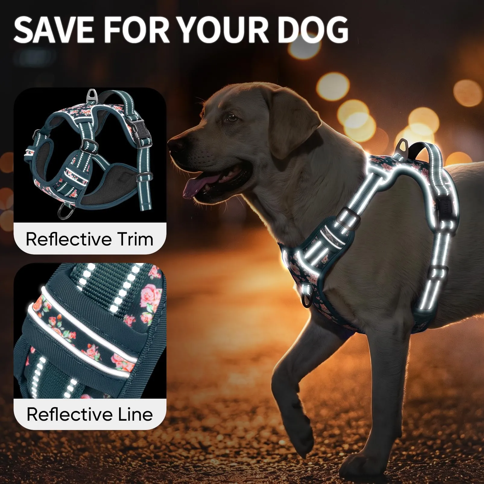 HEELE Pettorina Cane Regolabile No-pull con Manico, Fiori-Verde Nerastro, L - immagine 7