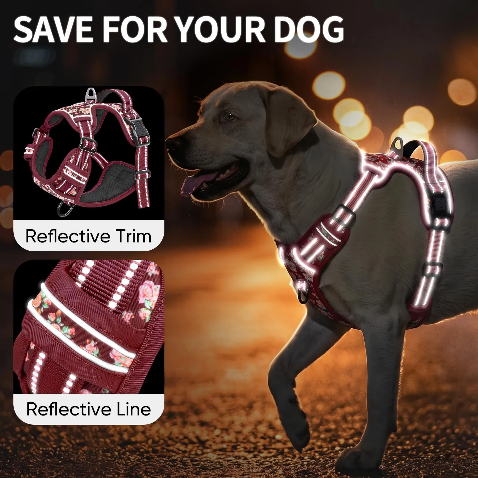 HEELE Pettorina Cane No-pull con Manico Robusta, Fiori-Rosso Borgogna, XL - immagine 4