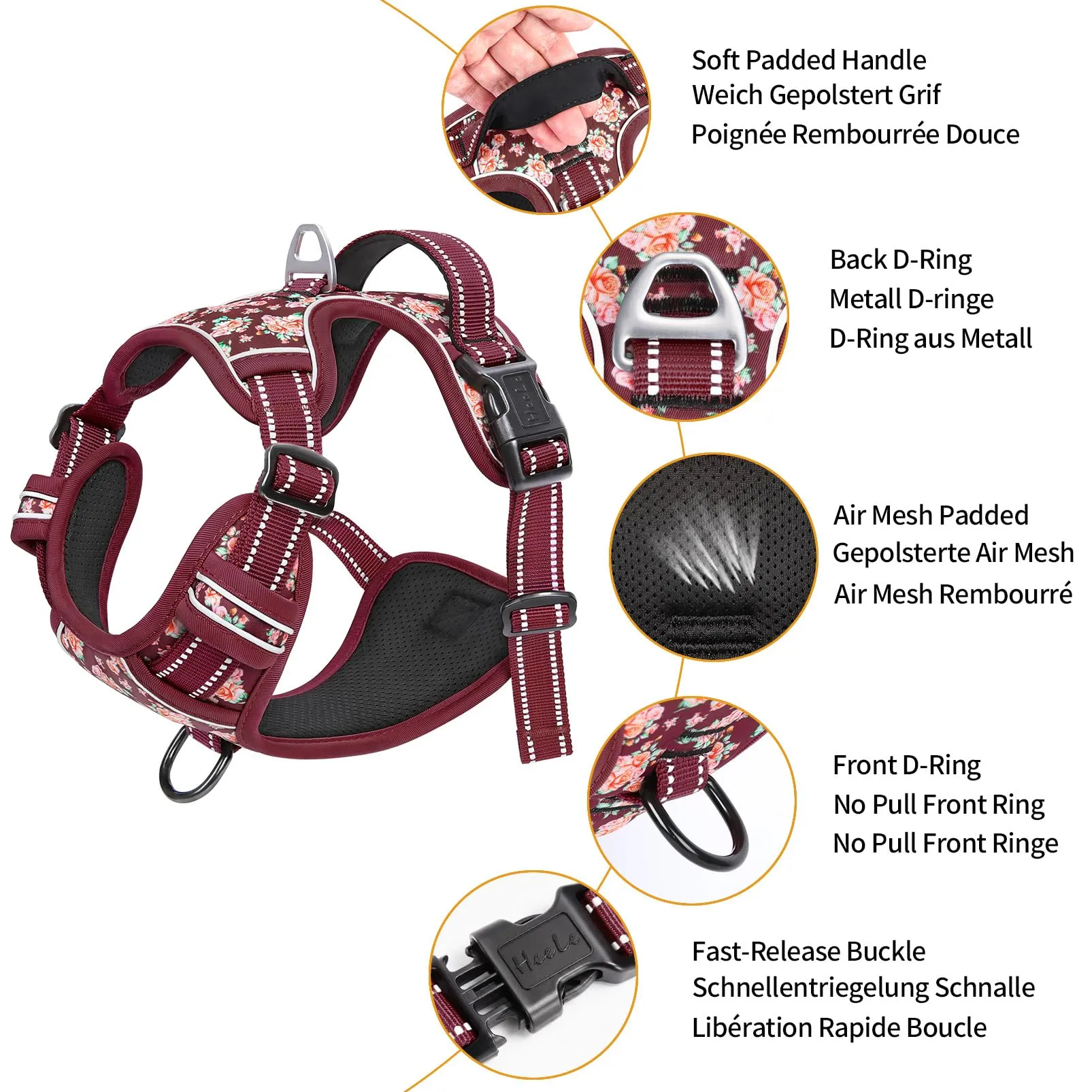 HEELE Pettorina Cane Regolabile No-pull con Manico, Fiori-Rosso Borgogna, M - immagine 3