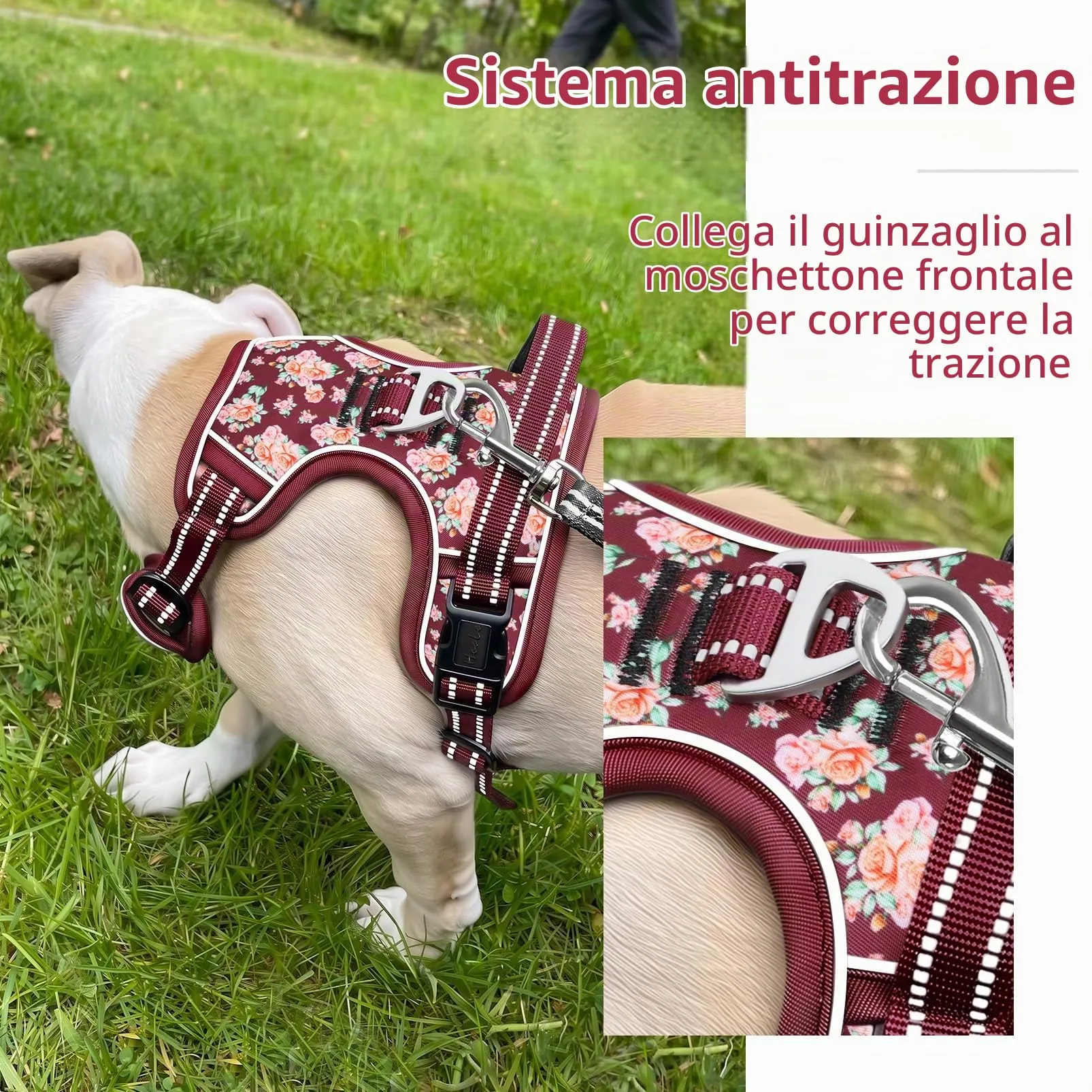 HEELE Pettorina Cane Regolabile No-pull con Manico, Fiori-Rosso Borgogna, M - immagine 5