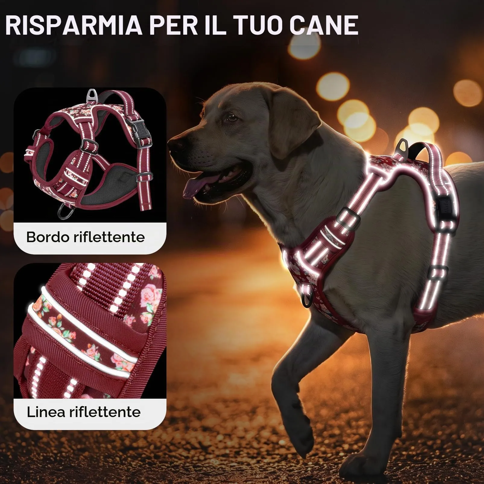 HEELE Pettorina Cane Regolabile No-pull con Manico, Fiori-Rosso Borgogna, M - immagine 6