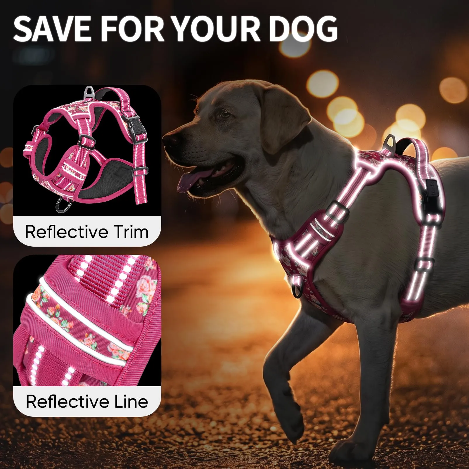 HEELE Pettorina Cane Riflettente No-pull Regolabile, Fiori-Rosso Rosa, S - immagine 7