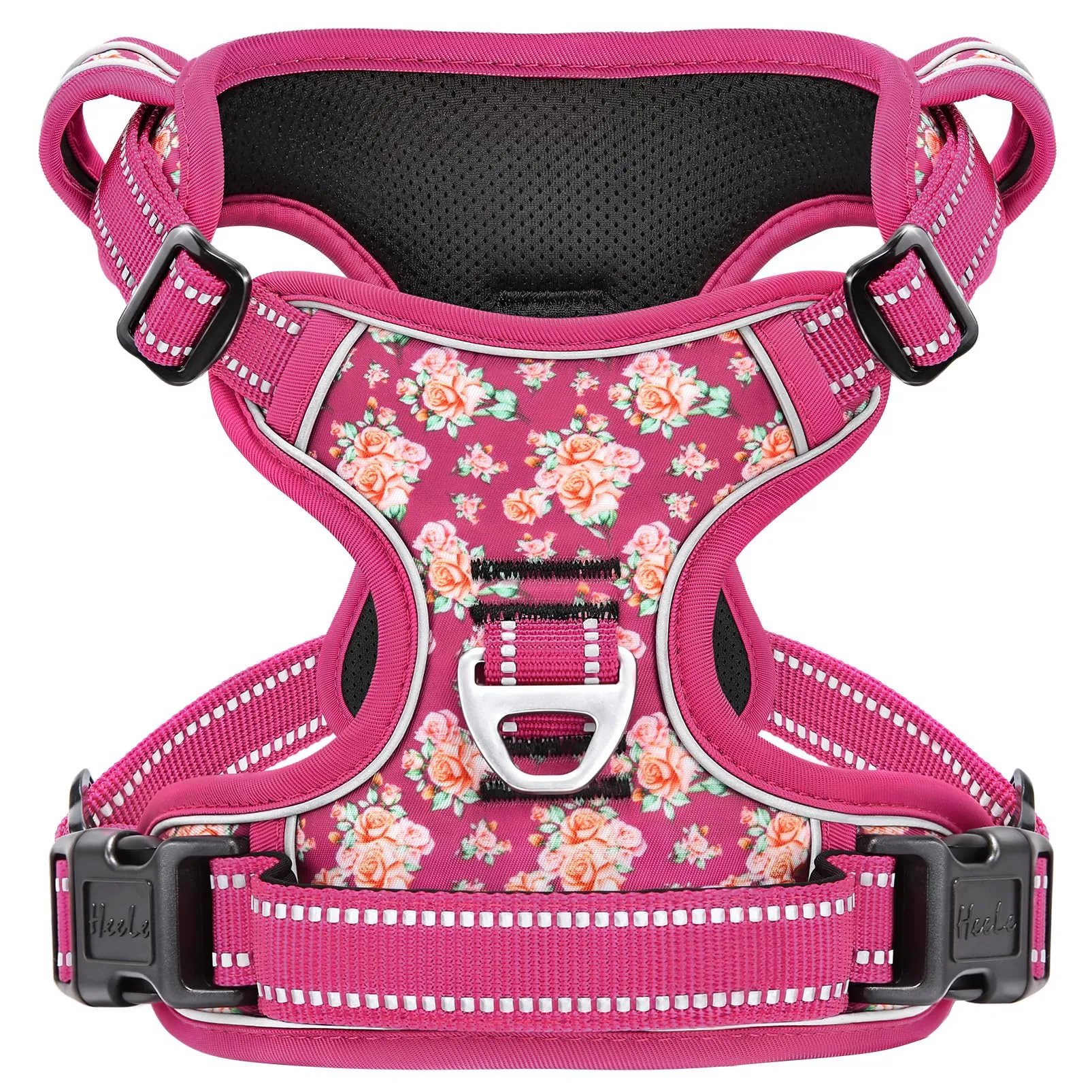 HEELE Pettorina Cane Riflettente No-pull Regolabile, Fiori-Rosso Rosa, XL - immagine 1