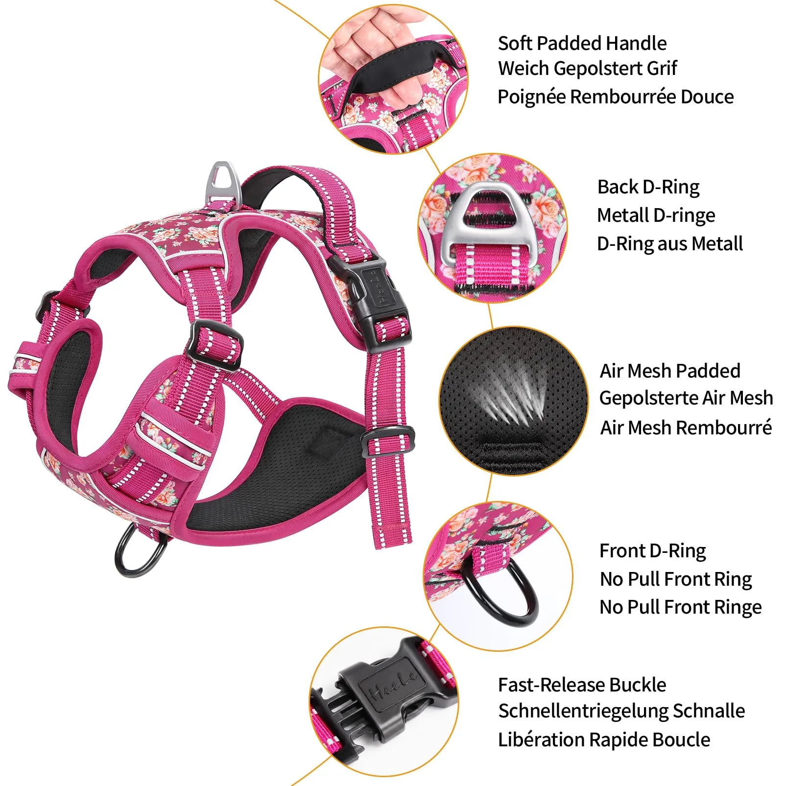 HEELE Pettorina Cane Riflettente No-pull Regolabile, Fiori-Rosso Rosa, XL - immagine 3