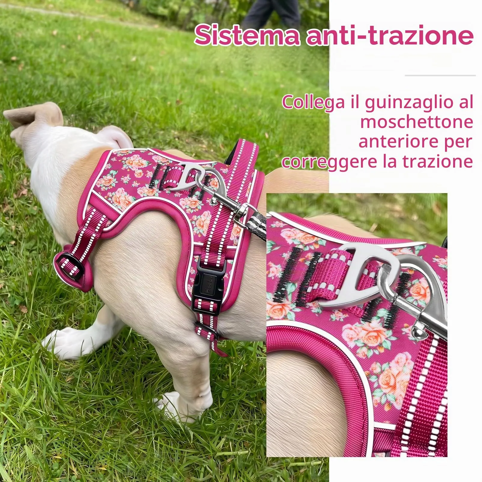 HEELE Pettorina Cane Riflettente No-pull Regolabile, Fiori-Rosso Rosa, M - immagine 6