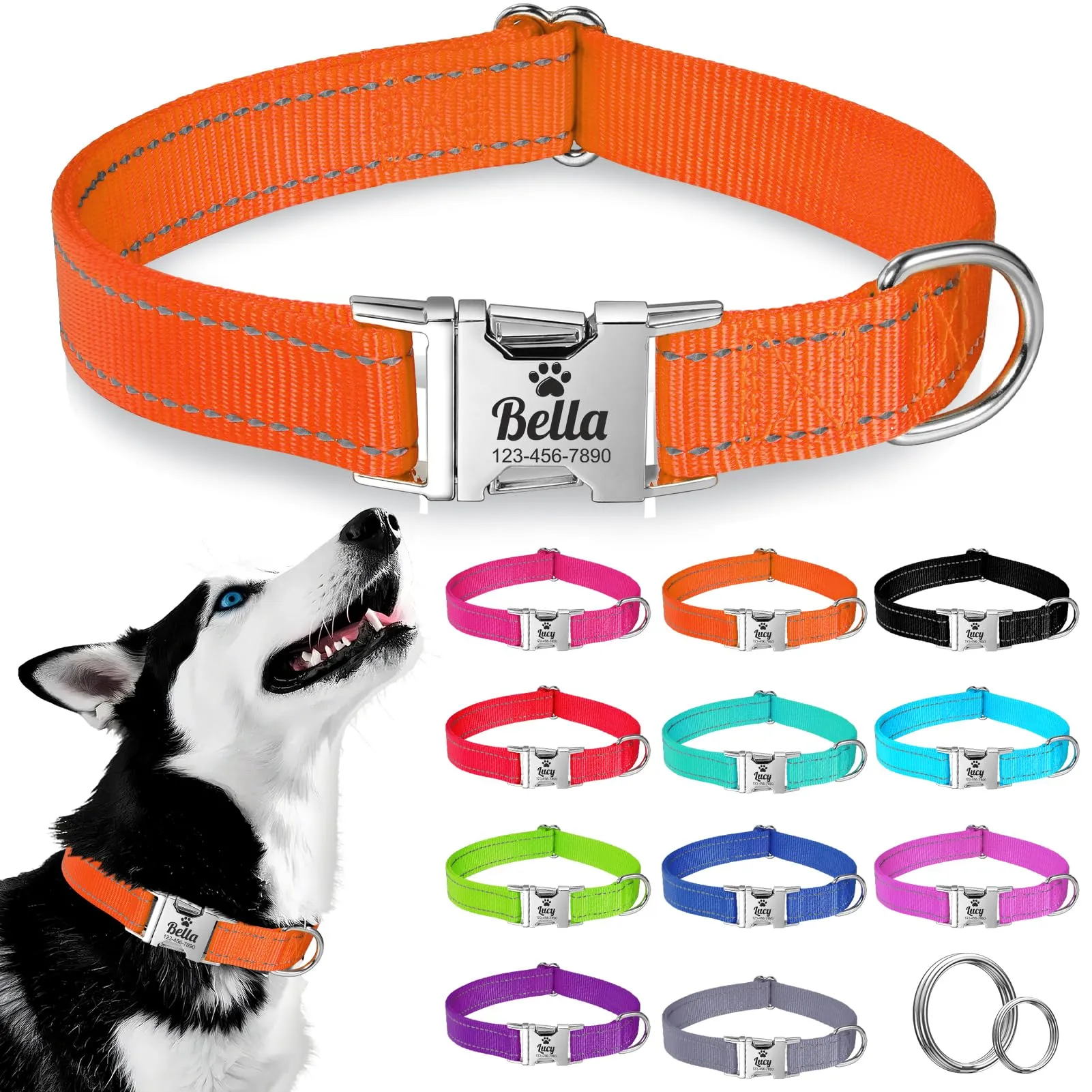 Collare per Cane Riflettente Personalizzato, Collana con nome e numero di telefono incisi, Fibbia Staccabile Durevole, Collari Di Regolabili per Cani Di Piccola, Media e Grande Taglia - immagine 1