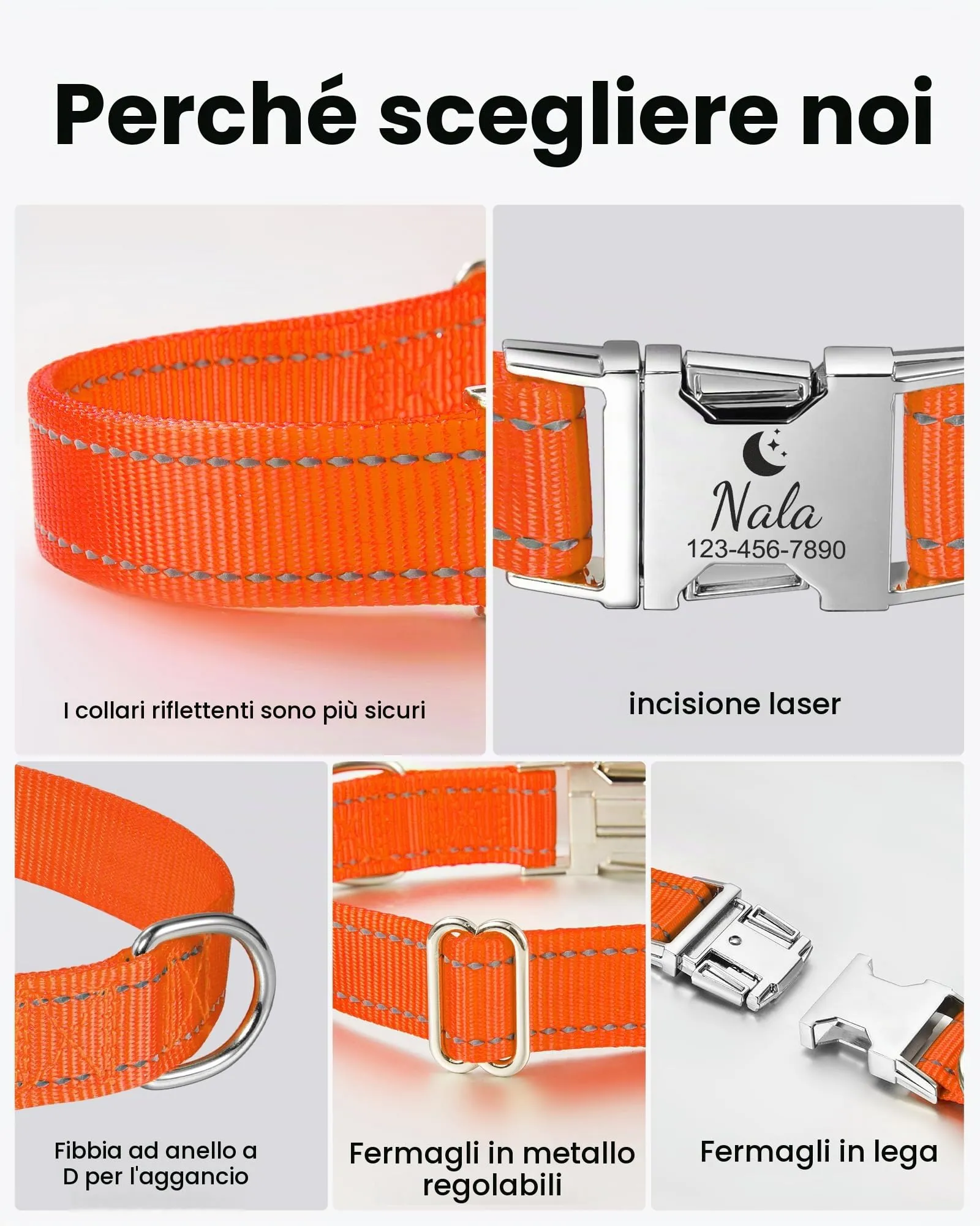 Collare per Cane Riflettente Personalizzato, Collana con nome e numero di telefono incisi, Fibbia Staccabile Durevole, Collari Di Regolabili per Cani Di Piccola, Media e Grande Taglia - immagine 4