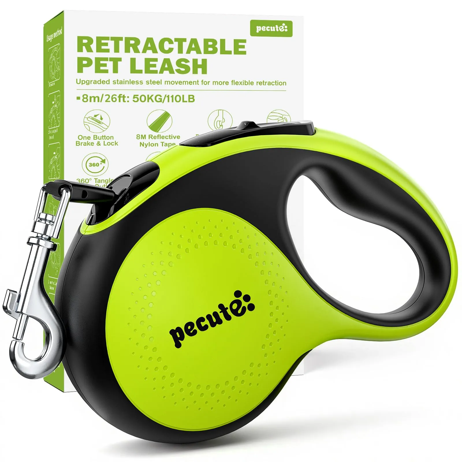 Pecute Guinzaglio per Cani Allungabile 8m (fino a 50kg), Estensione del Guinzaglio 360° Senza Grovigli, Impugnatura Antiscivolo e Pulsante di Freno Rapido,Verde - immagine 1
