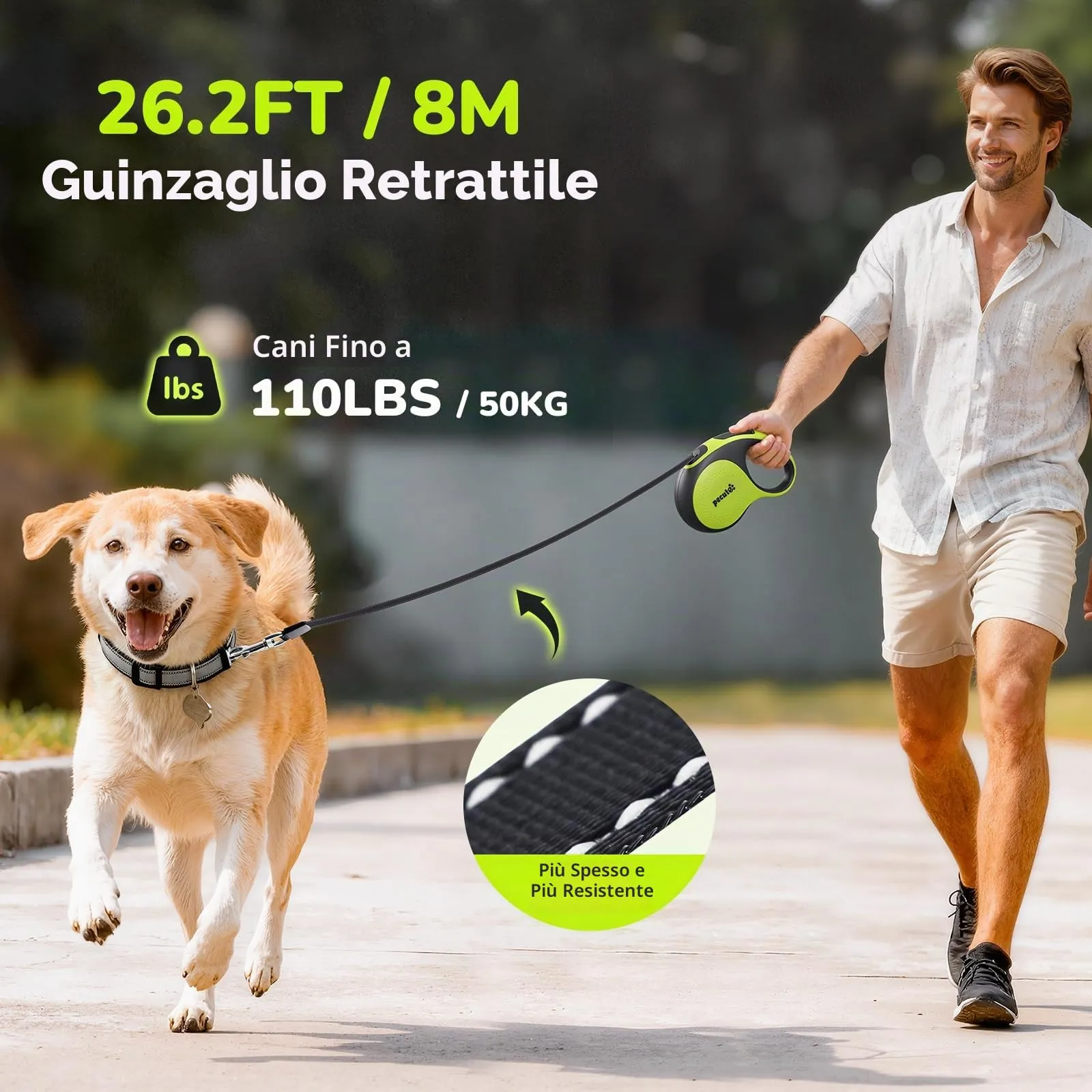 Pecute Guinzaglio per Cani Allungabile 8m (fino a 50kg), Estensione del Guinzaglio 360° Senza Grovigli, Impugnatura Antiscivolo e Pulsante di Freno Rapido,Verde - immagine 2