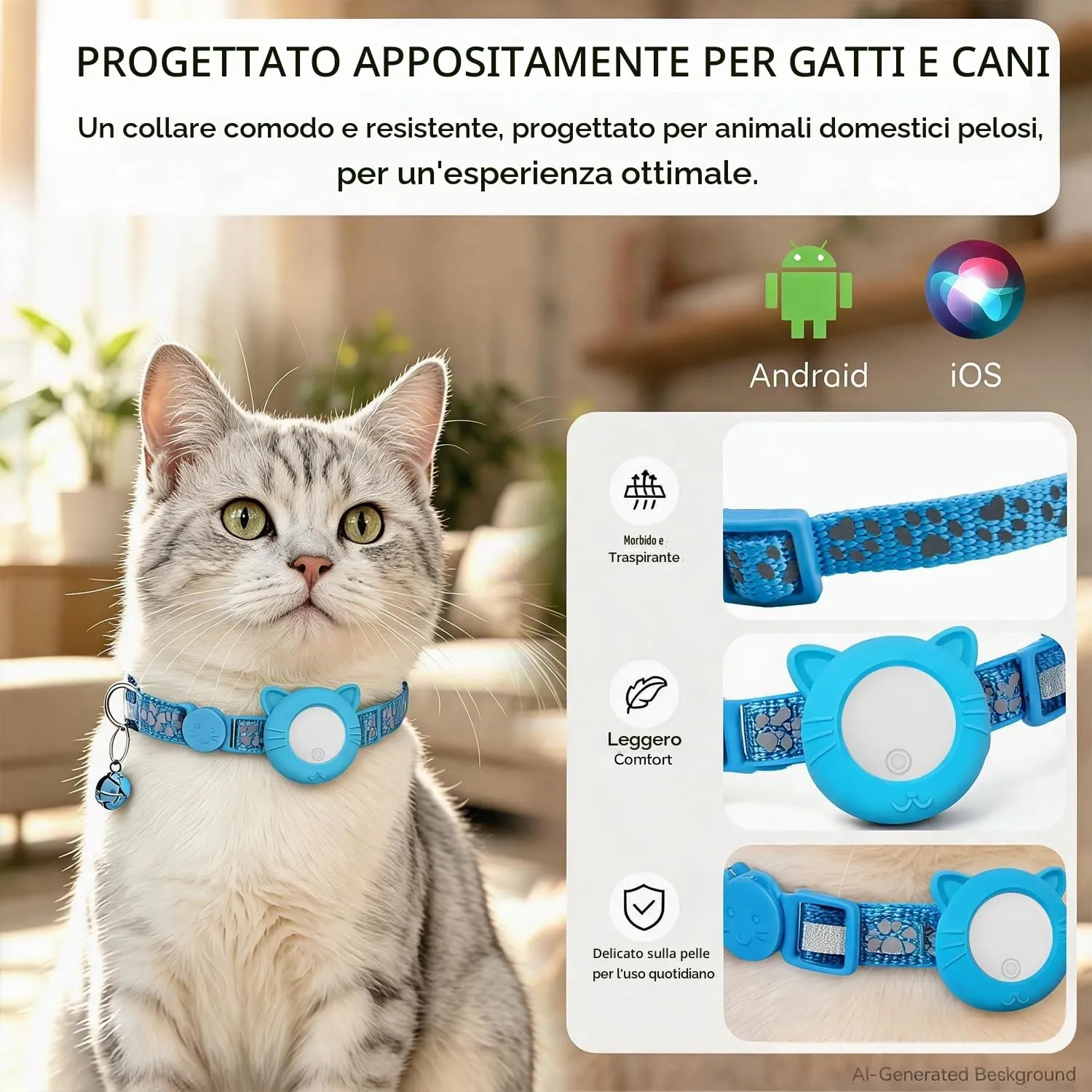 Collare GPS per Gatti, GPS per Cani Senza Abbonamento, Regolabile Localizzatore GPS Cani Tracciamento Compatibile con iOS e Android, Riflesso Notturno Smart Tag per Gatti - immagine 4