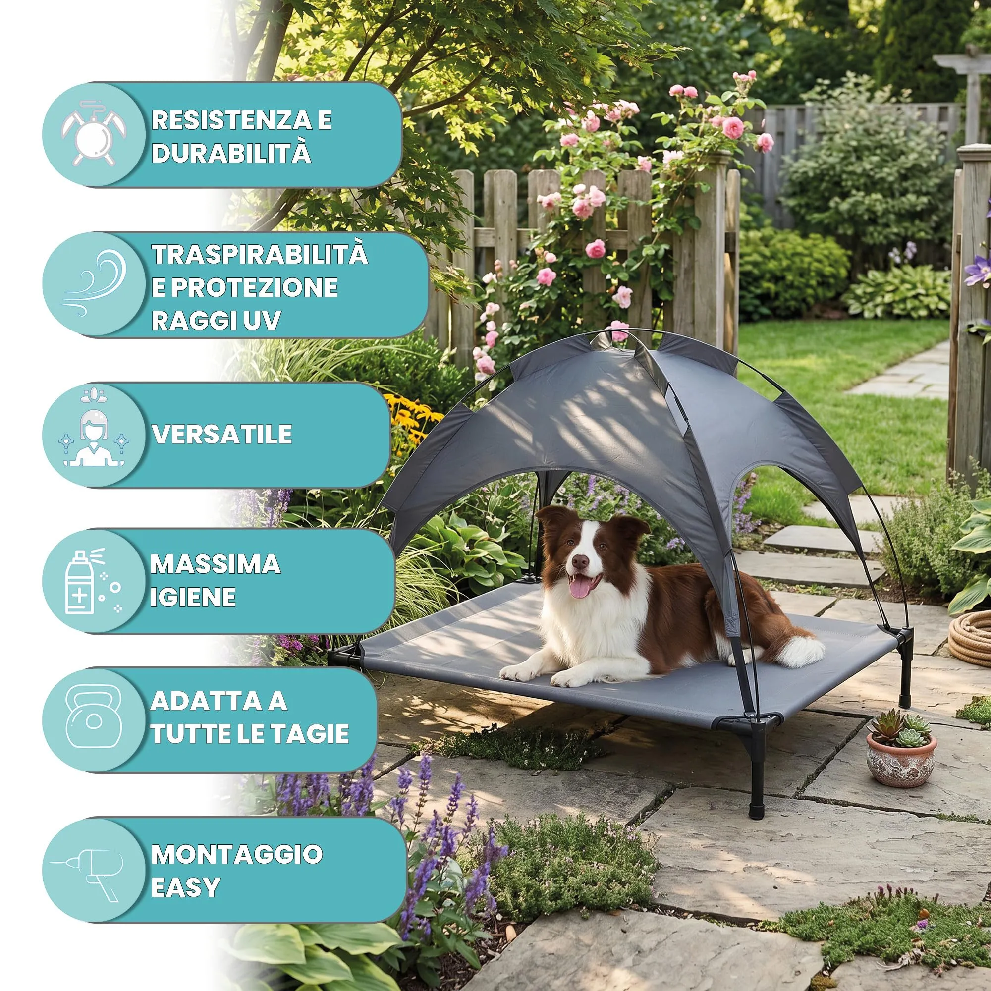Italian Bed Linen – Brandina Rialzata per Cani "Sunny", Lettino con Tettuccio Protezione UV e Impermeabile, Tessuto Traspirante Anti-Umidità, Portata 50kg, Ideale per Esterno e Giardino, 105x85x85 cm - immagine 2