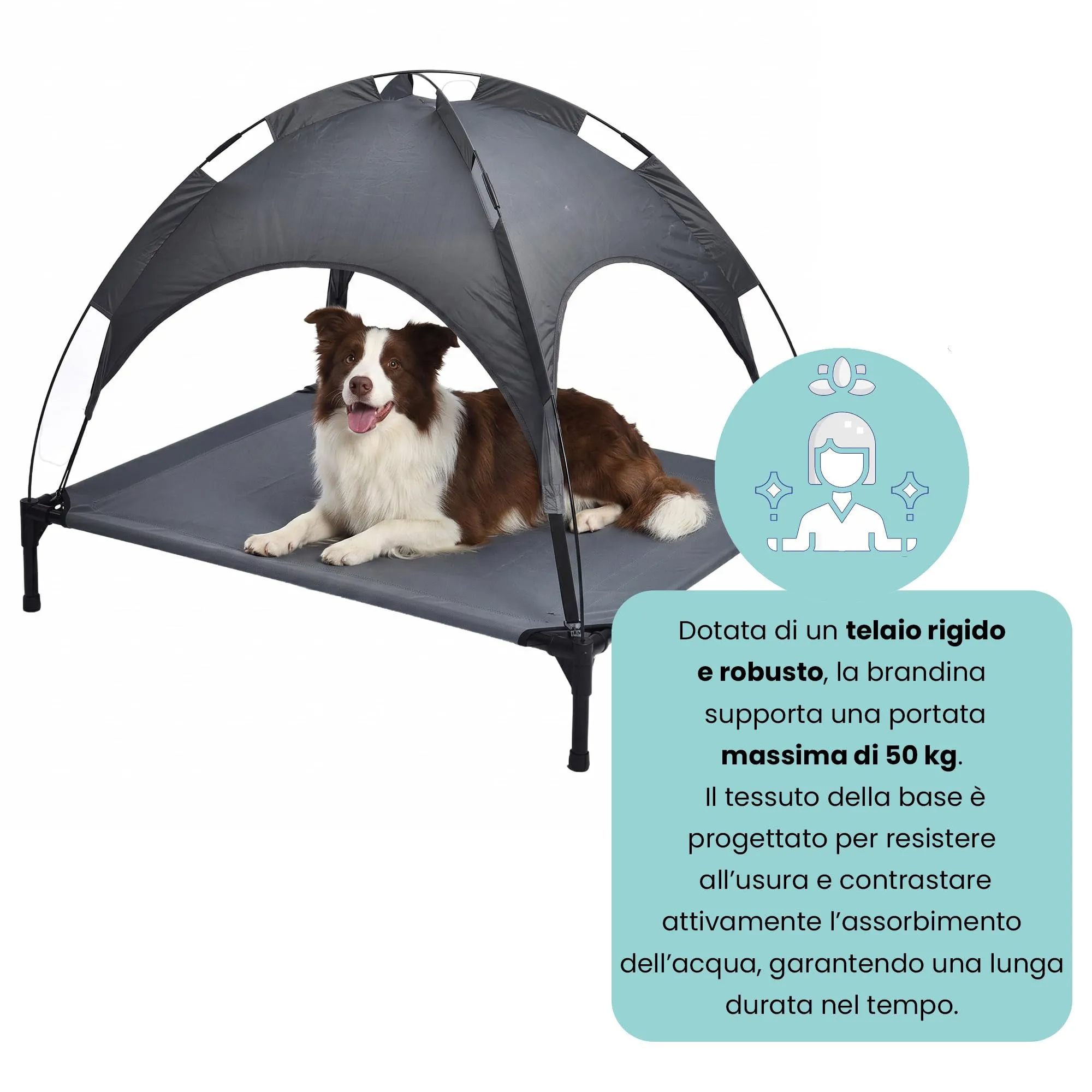 Italian Bed Linen – Brandina Rialzata per Cani "Sunny", Lettino con Tettuccio Protezione UV e Impermeabile, Tessuto Traspirante Anti-Umidità, Portata 50kg, Ideale per Esterno e Giardino, 105x85x85 cm - immagine 3