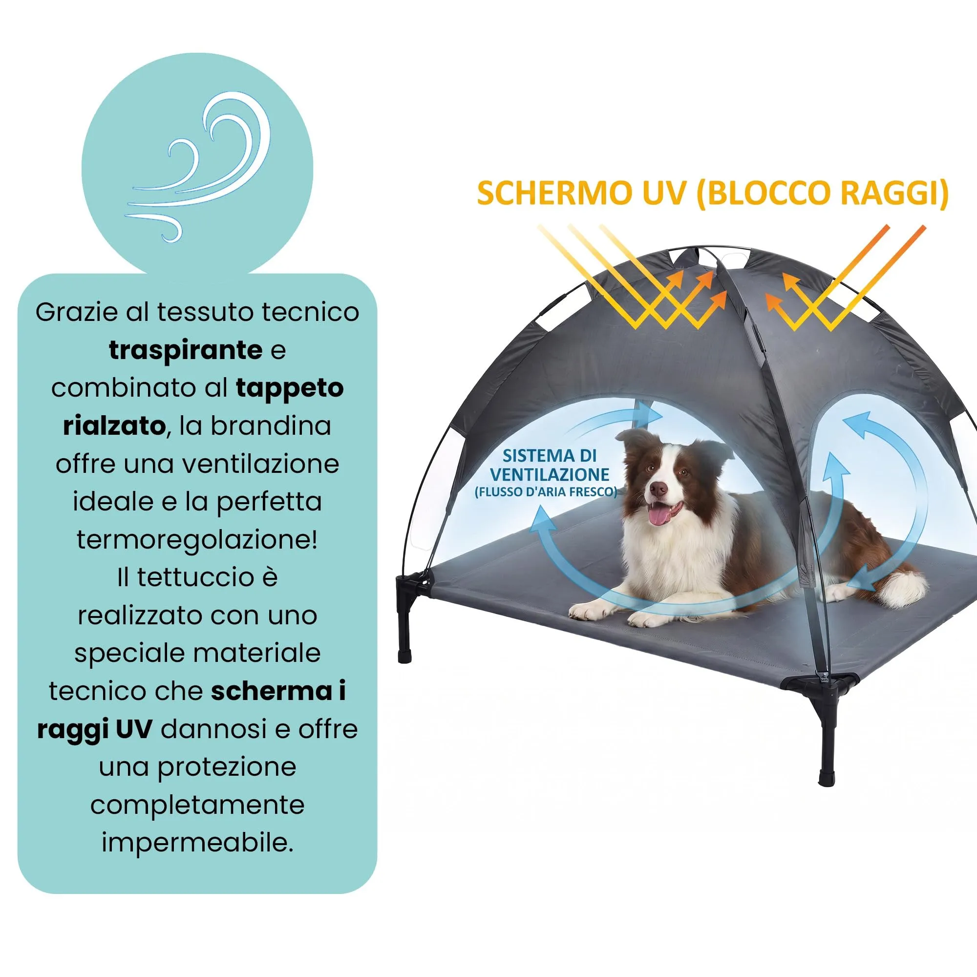 Italian Bed Linen – Brandina Rialzata per Cani "Sunny", Lettino con Tettuccio Protezione UV e Impermeabile, Tessuto Traspirante Anti-Umidità, Portata 50kg, Ideale per Esterno e Giardino, 105x85x85 cm - immagine 4