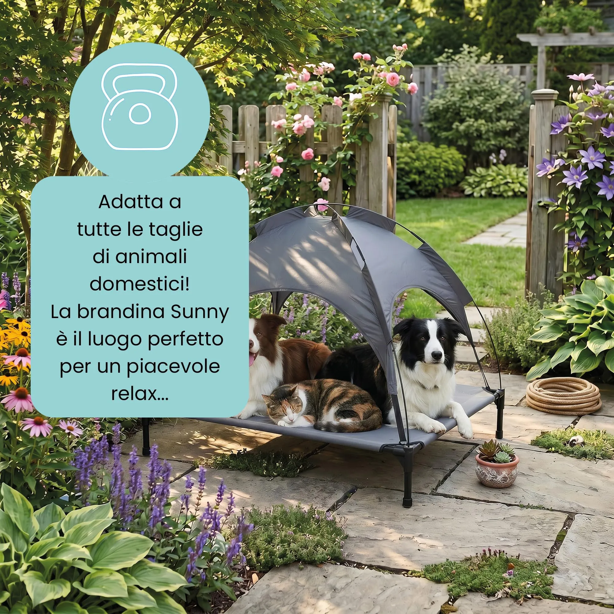 Italian Bed Linen – Brandina Rialzata per Cani "Sunny", Lettino con Tettuccio Protezione UV e Impermeabile, Tessuto Traspirante Anti-Umidità, Portata 50kg, Ideale per Esterno e Giardino, 105x85x85 cm - immagine 6