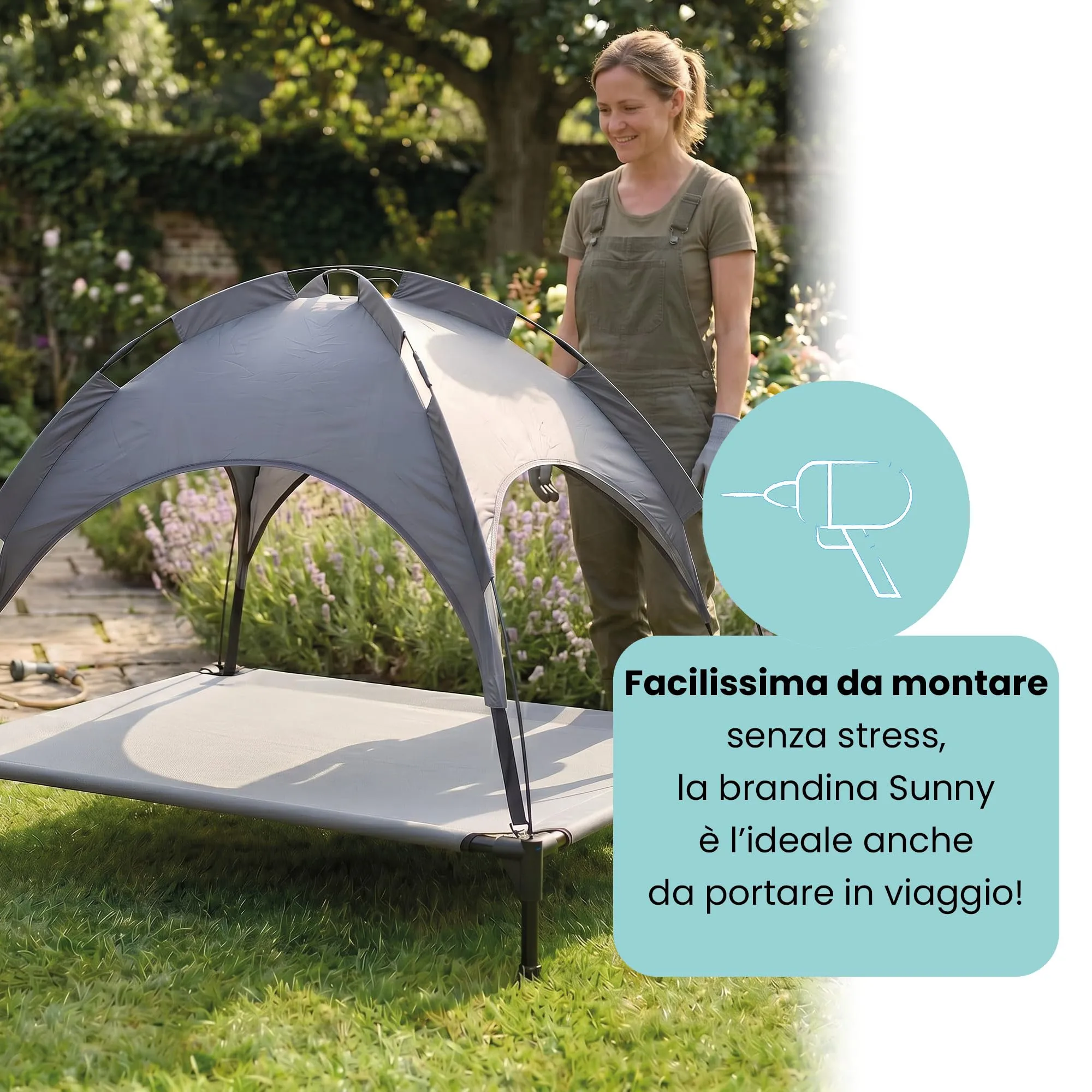 Italian Bed Linen – Brandina Rialzata per Cani "Sunny", Lettino con Tettuccio Protezione UV e Impermeabile, Tessuto Traspirante Anti-Umidità, Portata 50kg, Ideale per Esterno e Giardino, 105x85x85 cm - immagine 7