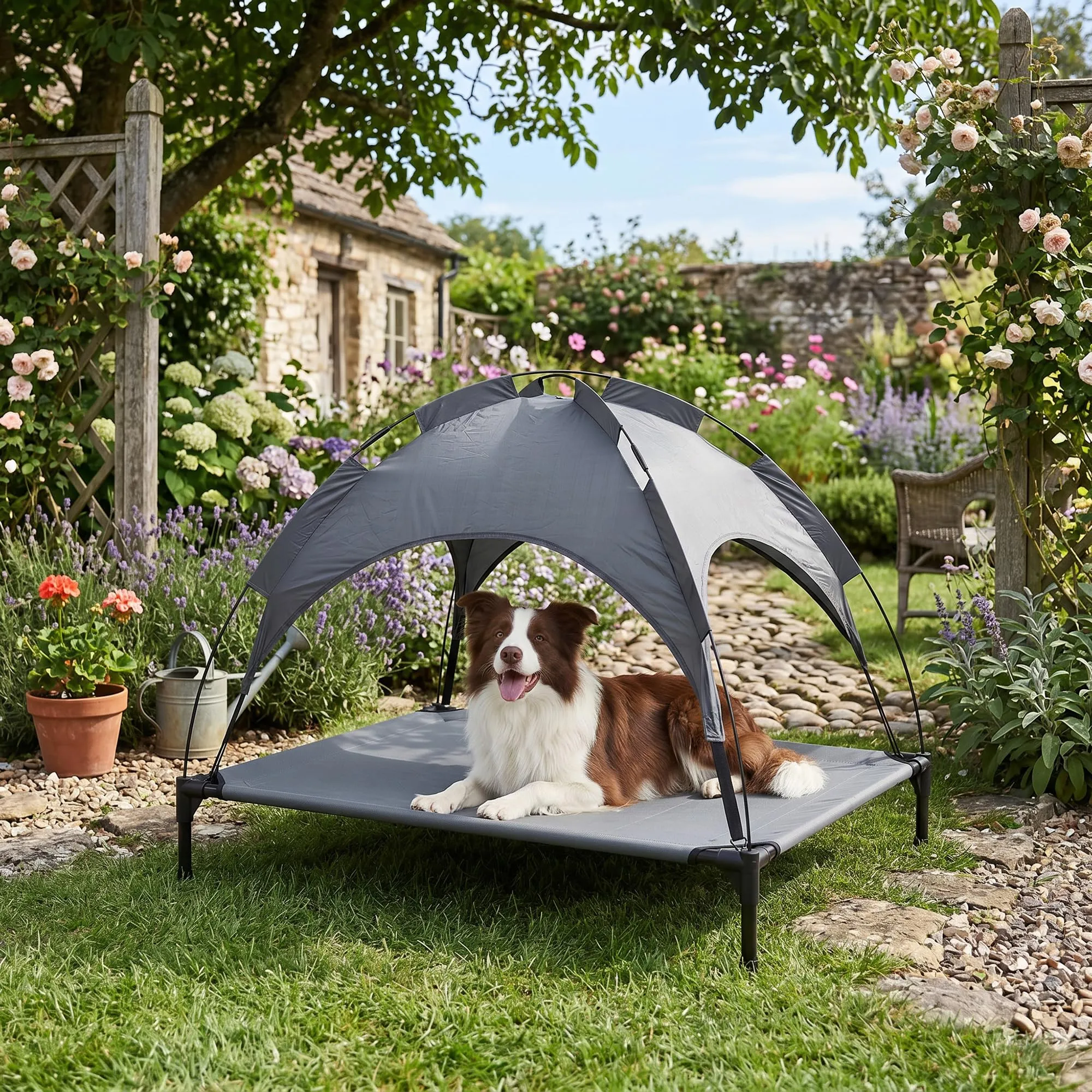 Italian Bed Linen – Brandina Rialzata per Cani "Sunny", Lettino con Tettuccio Protezione UV e Impermeabile, Tessuto Traspirante Anti-Umidità, Portata 50kg, Ideale per Esterno e Giardino, 105x85x85 cm - immagine 9