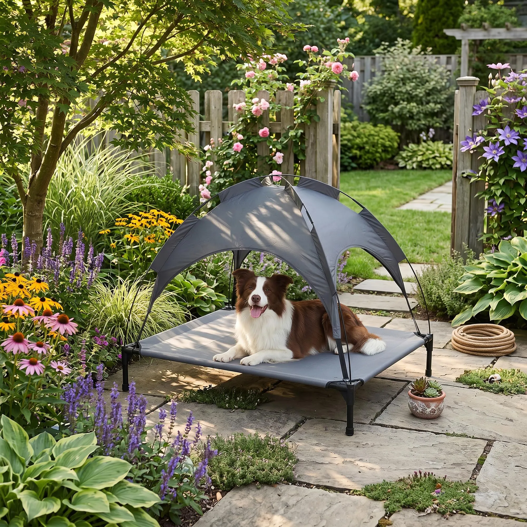 Italian Bed Linen – Brandina Rialzata per Cani "Sunny", Lettino con Tettuccio Protezione UV e Impermeabile, Tessuto Traspirante Anti-Umidità, Portata 50kg, Ideale per Esterno e Giardino, 105x85x85 cm - immagine 10