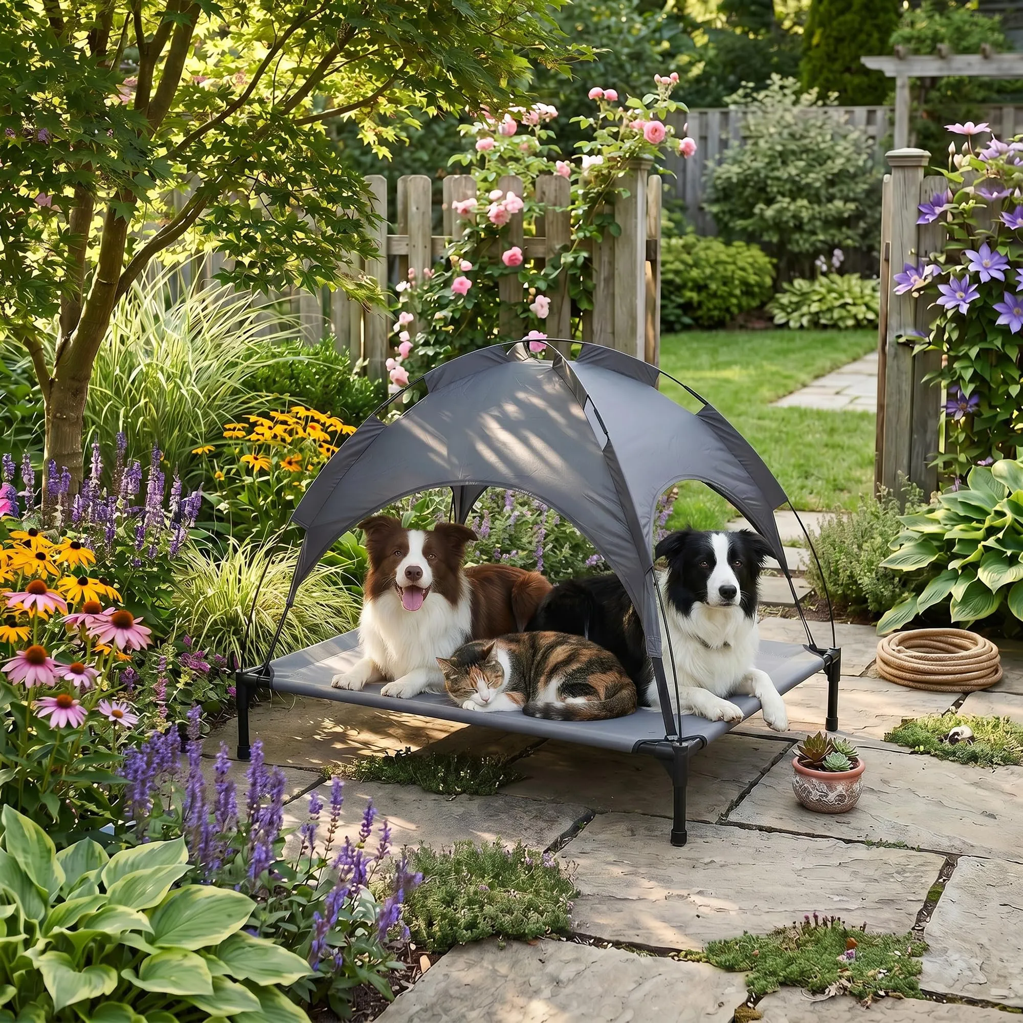 Italian Bed Linen – Brandina Rialzata per Cani "Sunny", Lettino con Tettuccio Protezione UV e Impermeabile, Tessuto Traspirante Anti-Umidità, Portata 50kg, Ideale per Esterno e Giardino, 105x85x85 cm - immagine 11