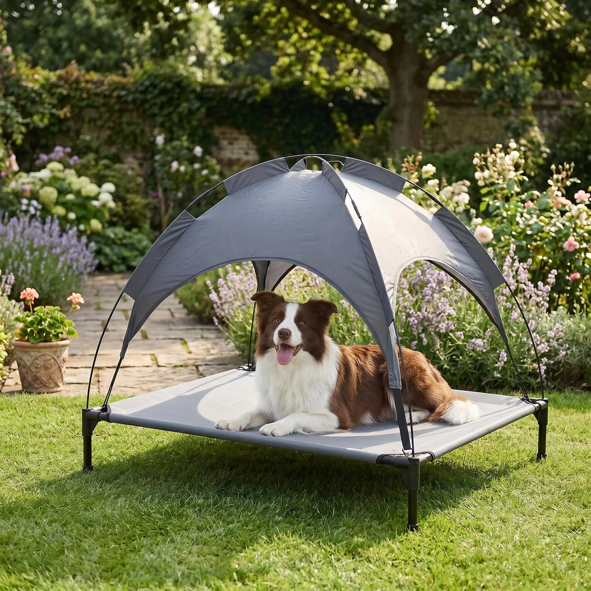 Italian Bed Linen – Brandina Rialzata per Cani "Sunny", Lettino con Tettuccio Protezione UV e Impermeabile, Tessuto Traspirante Anti-Umidità, Portata 50kg, Ideale per Esterno e Giardino, 105x85x85 cm - immagine 12