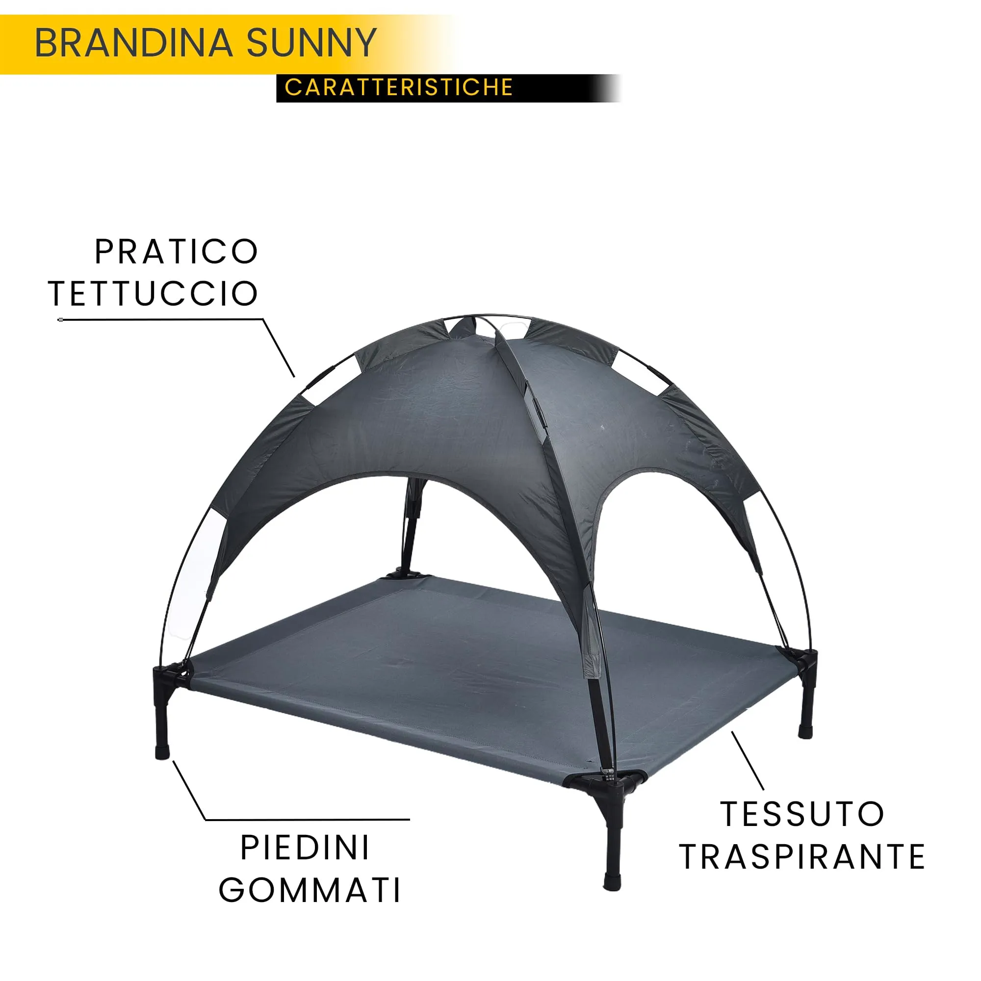 Italian Bed Linen – Brandina Rialzata per Cani "Sunny", Lettino con Tettuccio Protezione UV e Impermeabile, Tessuto Traspirante Anti-Umidità, Portata 50kg, Ideale per Esterno e Giardino, 105x85x85 cm - immagine 13
