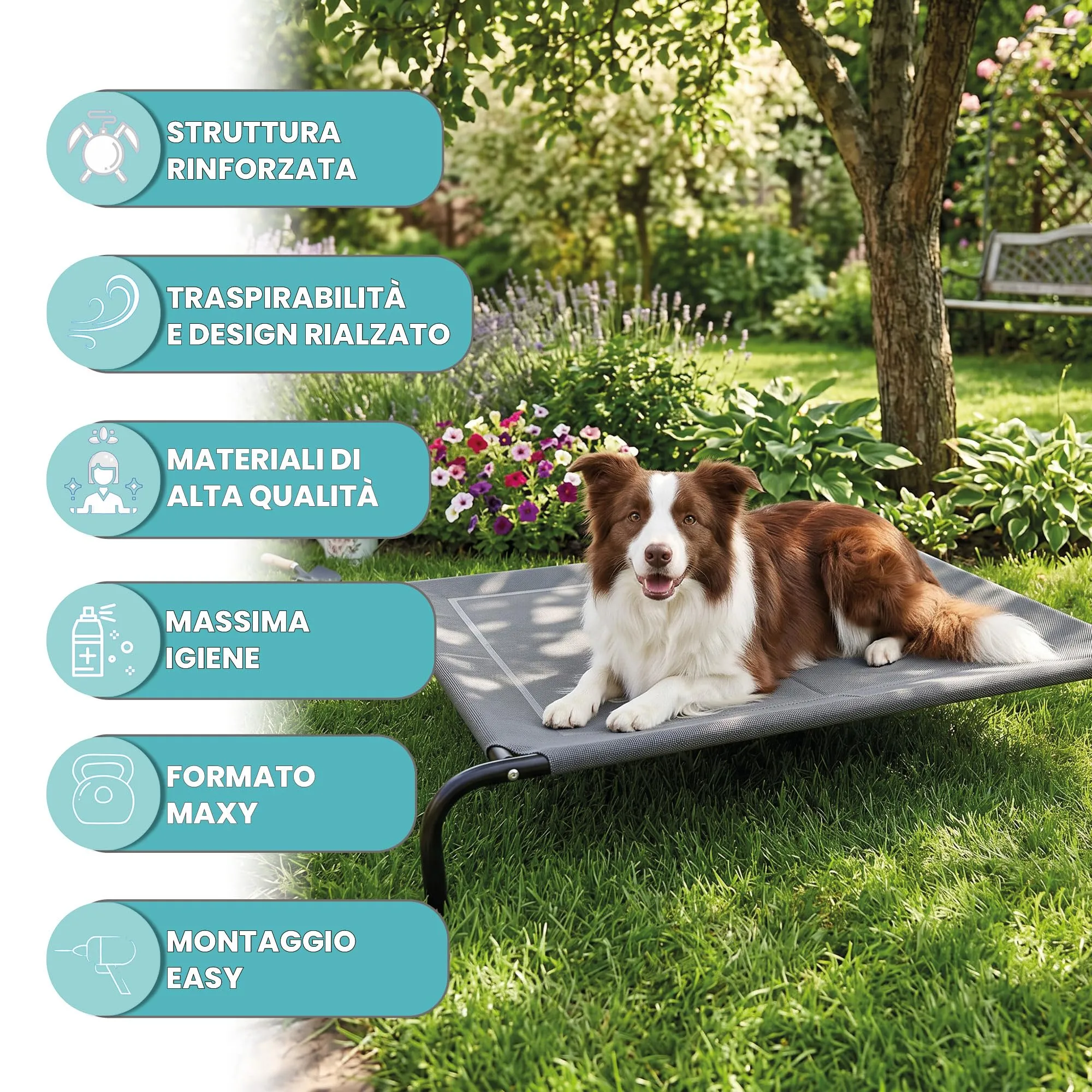 Italian Bed Linen – Brandina per Cani Taglia Grande Maxy e Media, 130x90x20cm, Lettino Rialzato Estivo Traspirante e Impermeabile, Telaio Rinforzato Robusto, Grigio - immagine 2