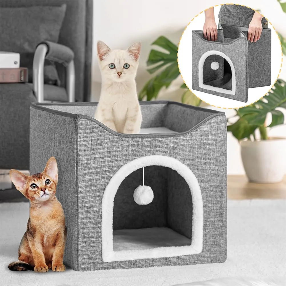 BAKAJI Cuccia per Gatti Pieghevole con Ingresso ad Arco, Casetta Tiragraffi per Animali Domestici in Poliestere Imbottito, Cuccetta Graffiatoio Grigio 2 Ripiani Letto Base Antiscivolo Ampia Apertura - immagine 3