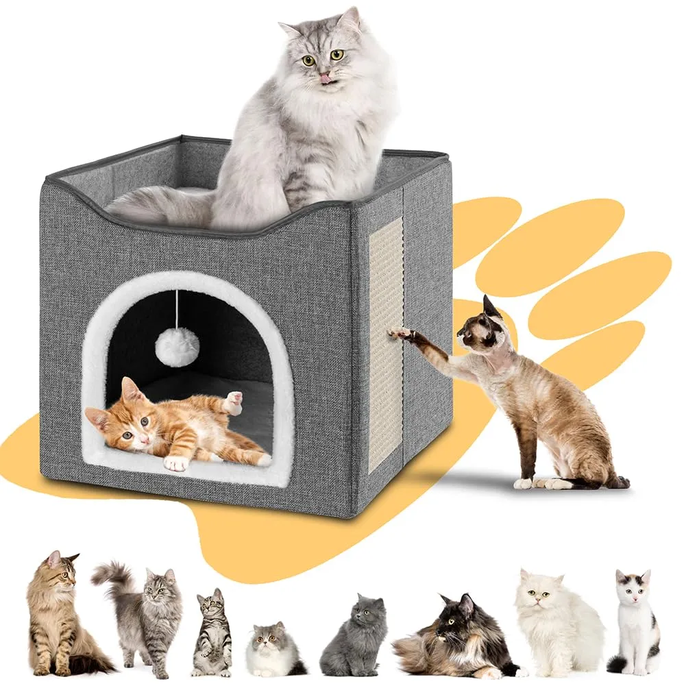 BAKAJI Cuccia per Gatti Pieghevole con Ingresso ad Arco, Casetta Tiragraffi per Animali Domestici in Poliestere Imbottito, Cuccetta Graffiatoio Grigio 2 Ripiani Letto Base Antiscivolo Ampia Apertura - immagine 8