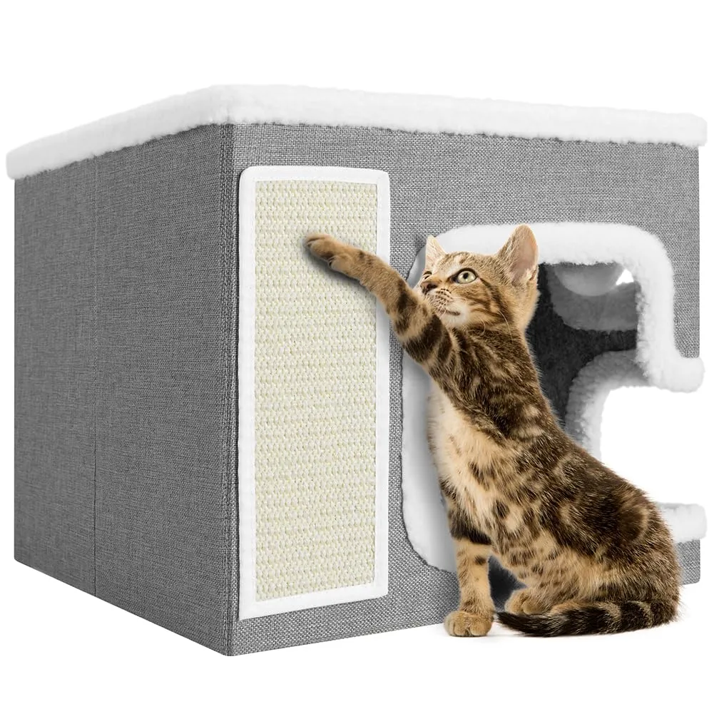 BAKAJI Cuccia per Gatti pieghevole con Grande Ingresso, Casetta Rifugio per Animali Domestici, Tiragraffi in Poliestere Caldo e Imbottito, Cuccetta Graffiatoio Base Antiscivolo 42x42x33 cm (Grigio) - immagine 2