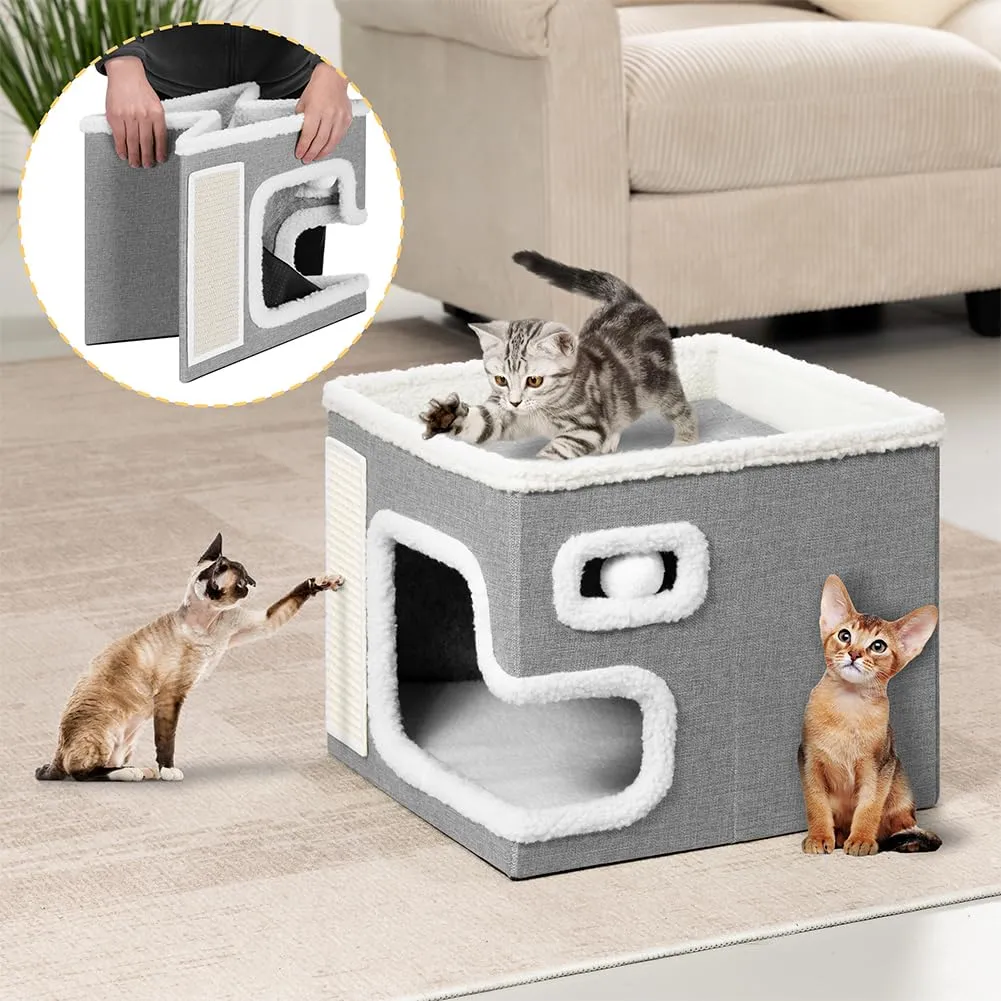 BAKAJI Cuccia per Gatti pieghevole con Grande Ingresso, Casetta Rifugio per Animali Domestici, Tiragraffi in Poliestere Caldo e Imbottito, Cuccetta Graffiatoio Base Antiscivolo 42x42x33 cm (Grigio) - immagine 3