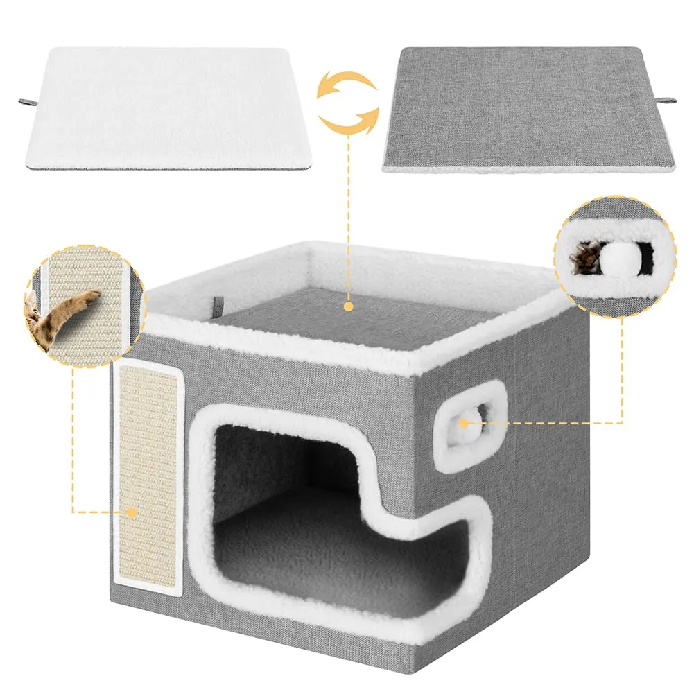 BAKAJI Cuccia per Gatti pieghevole con Grande Ingresso, Casetta Rifugio per Animali Domestici, Tiragraffi in Poliestere Caldo e Imbottito, Cuccetta Graffiatoio Base Antiscivolo 42x42x33 cm (Grigio) - immagine 4