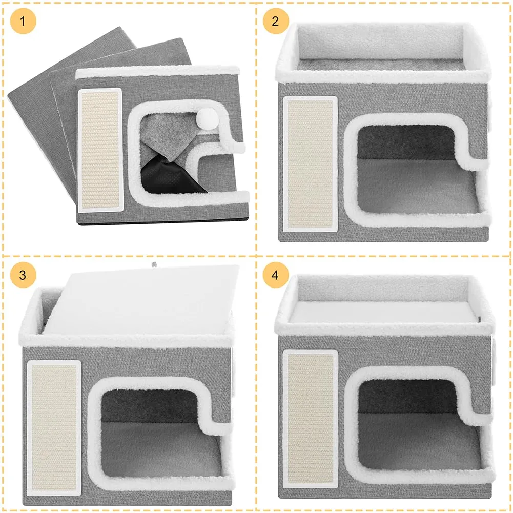 BAKAJI Cuccia per Gatti pieghevole con Grande Ingresso, Casetta Rifugio per Animali Domestici, Tiragraffi in Poliestere Caldo e Imbottito, Cuccetta Graffiatoio Base Antiscivolo 42x42x33 cm (Grigio) - immagine 5