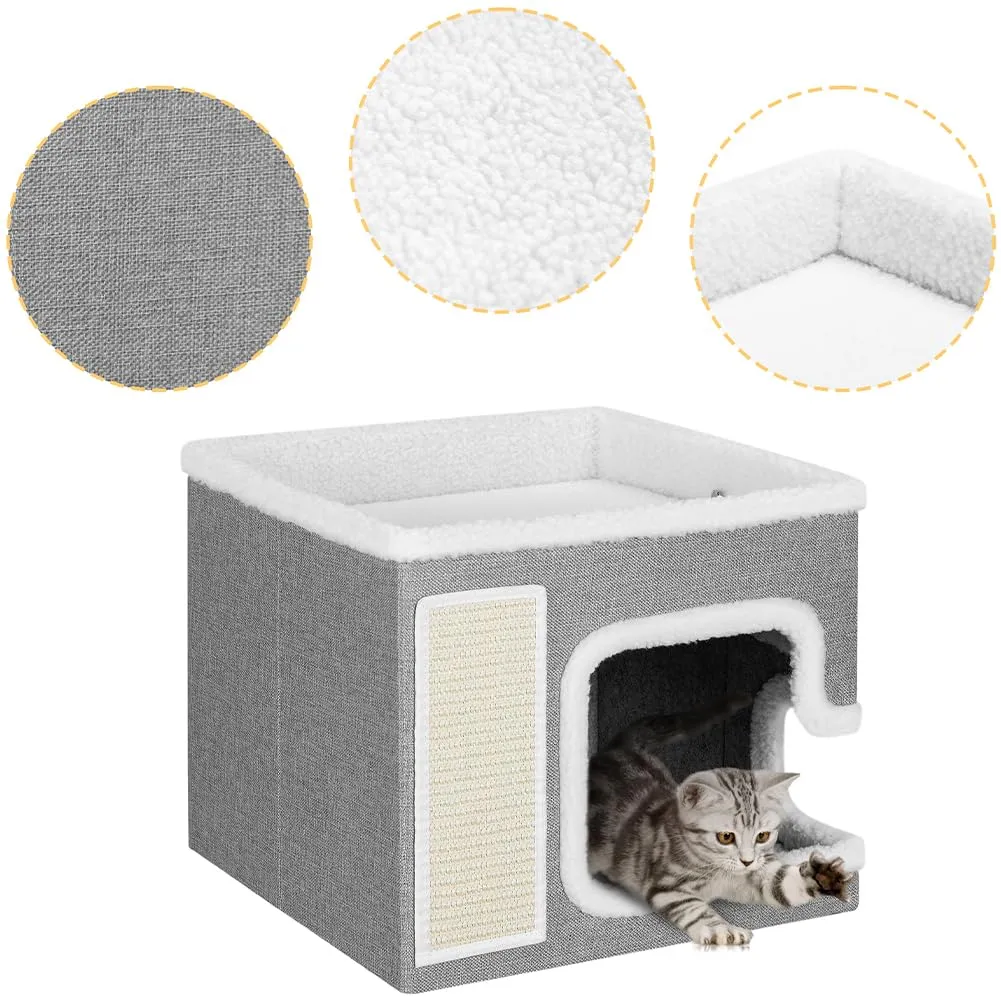BAKAJI Cuccia per Gatti pieghevole con Grande Ingresso, Casetta Rifugio per Animali Domestici, Tiragraffi in Poliestere Caldo e Imbottito, Cuccetta Graffiatoio Base Antiscivolo 42x42x33 cm (Grigio) - immagine 8