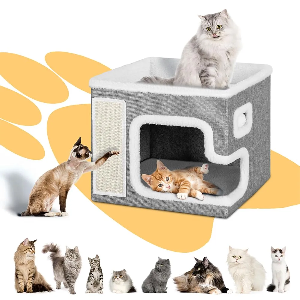 BAKAJI Cuccia per Gatti pieghevole con Grande Ingresso, Casetta Rifugio per Animali Domestici, Tiragraffi in Poliestere Caldo e Imbottito, Cuccetta Graffiatoio Base Antiscivolo 42x42x33 cm (Grigio) - immagine 9