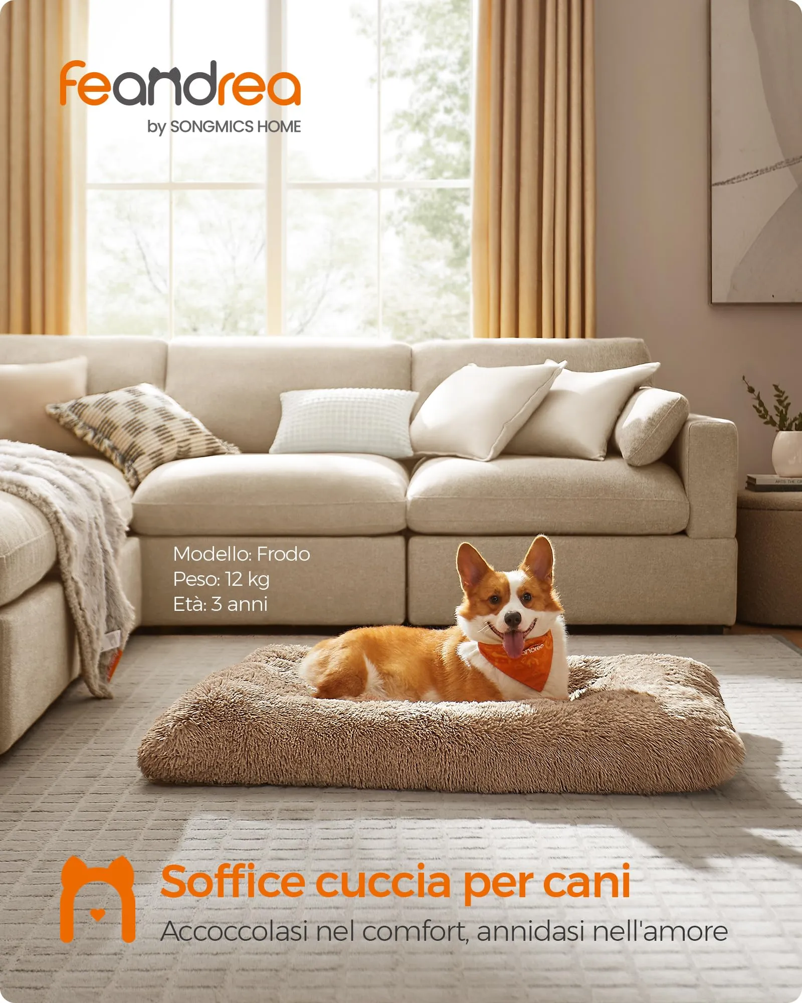Feandrea Cuccia per Cani, Tappetino per Animali di Peluche Morbida, 110 x 73 cm, Imbottitura Soffice, Lavabile, Cuscino per Cani Multiuso, Marrone Cammello PGW203K01 - immagine 2
