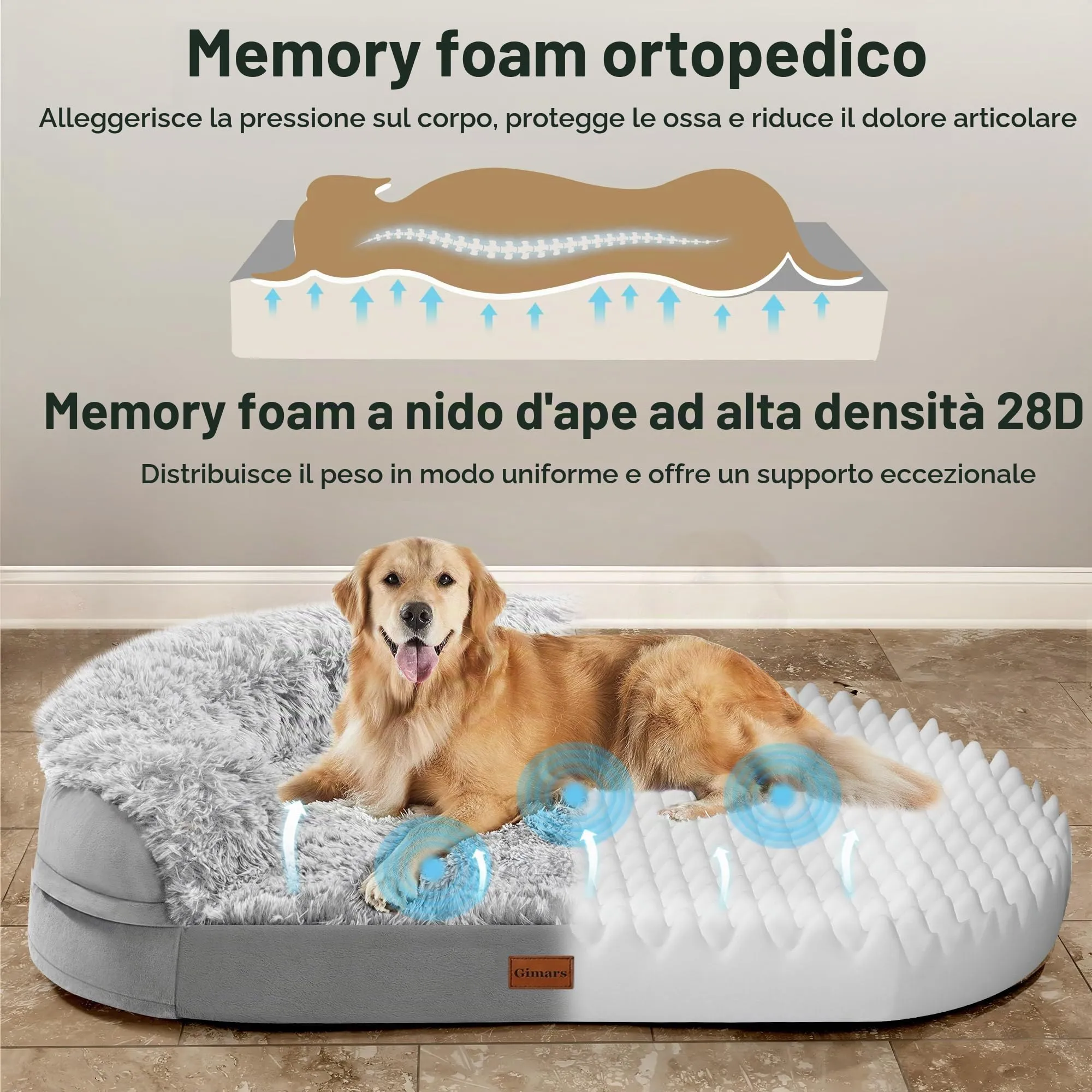Gimars 9,5 cm L Cuccia Cane Interno Otopedica per Cani di Taglia Grande, 28D Guscio d'Uovo Memory Foam Cuccia Divano per Cuccioli Anziani con Fodera Impermeabile,Sfoderabile Lavabile, Semicircolare - immagine 4