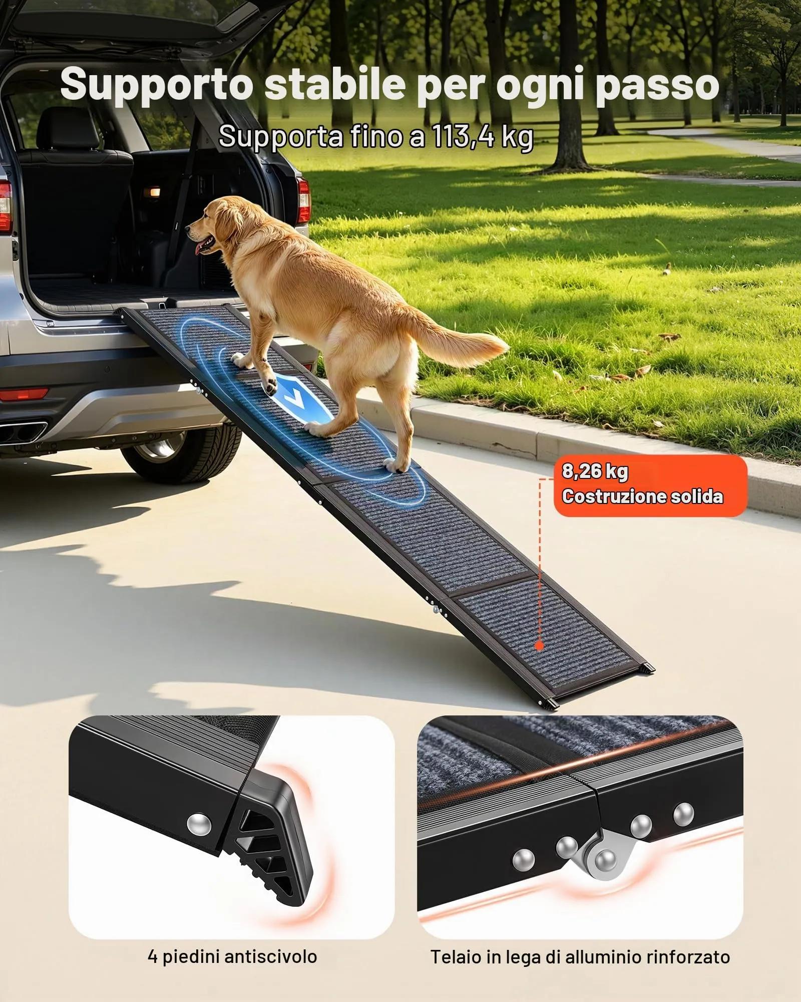 VEVOR Rampa per Cani per Auto 180 x 43,2 cm Rampe Pieghevoli con Superficie in Feltro Antiscivolo per Animali Domestici di Taglia Media e Grande Fino a 113 kg, per Cani da Esterno per SUV e Camion - immagine 2