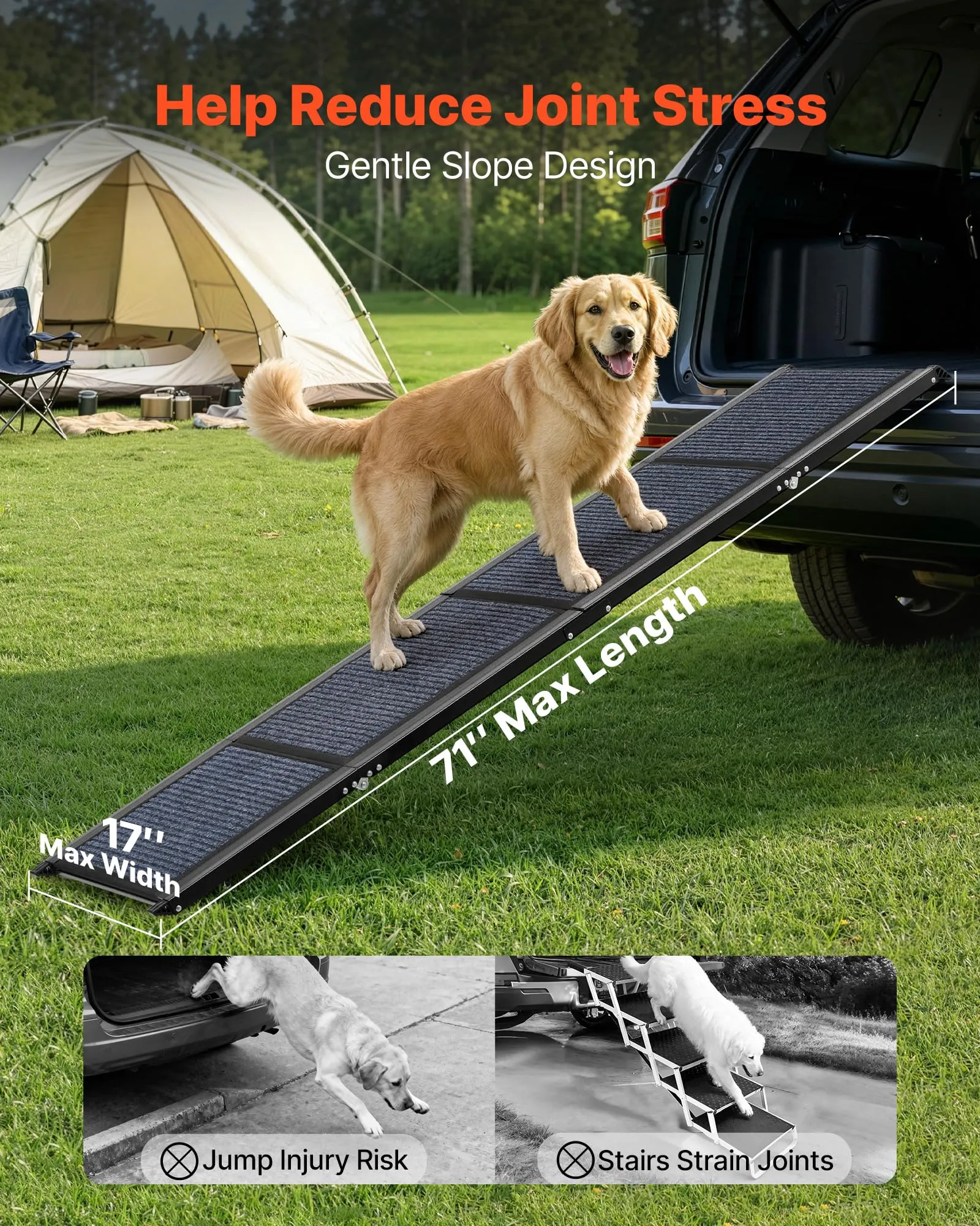 VEVOR Rampa per Cani per Auto 180 x 43,2 cm Rampe Pieghevoli con Superficie in Feltro Antiscivolo per Animali Domestici di Taglia Media e Grande Fino a 113 kg, per Cani da Esterno per SUV e Camion - immagine 4