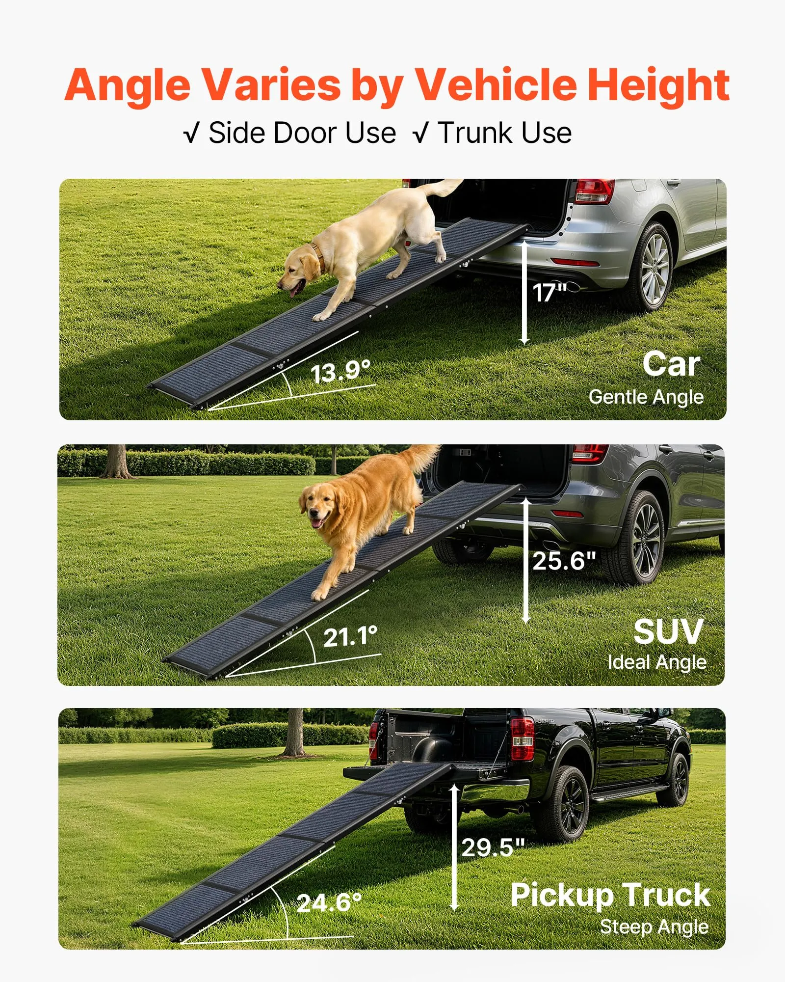 VEVOR Rampa per Cani per Auto 180 x 43,2 cm Rampe Pieghevoli con Superficie in Feltro Antiscivolo per Animali Domestici di Taglia Media e Grande Fino a 113 kg, per Cani da Esterno per SUV e Camion - immagine 5