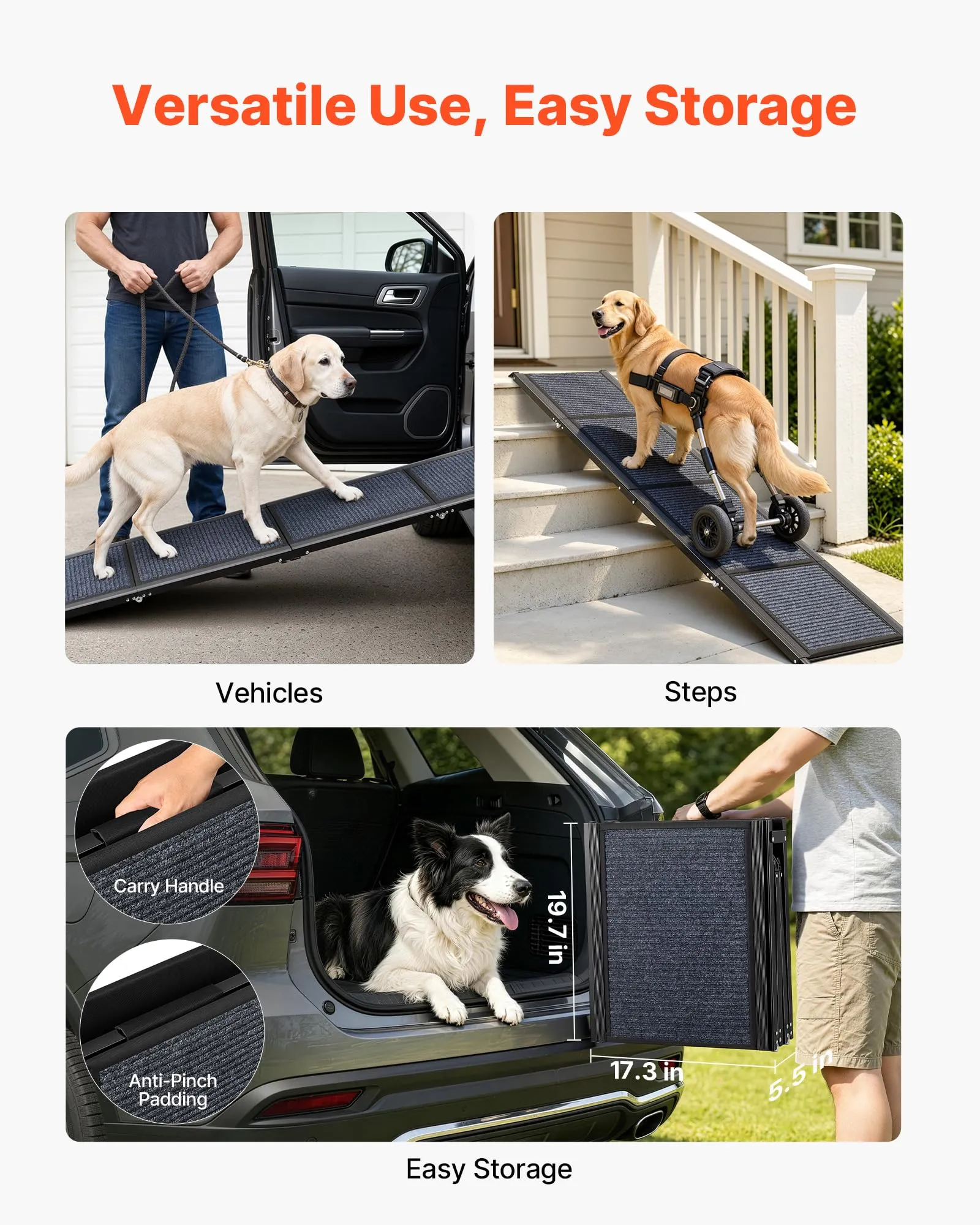 VEVOR Rampa per Cani per Auto 180 x 43,2 cm Rampe Pieghevoli con Superficie in Feltro Antiscivolo per Animali Domestici di Taglia Media e Grande Fino a 113 kg, per Cani da Esterno per SUV e Camion - immagine 6